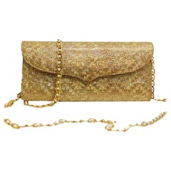 Luscious Lana Marks Gold Glitter Clutch with Gold Tone and Faux Pearl Chain