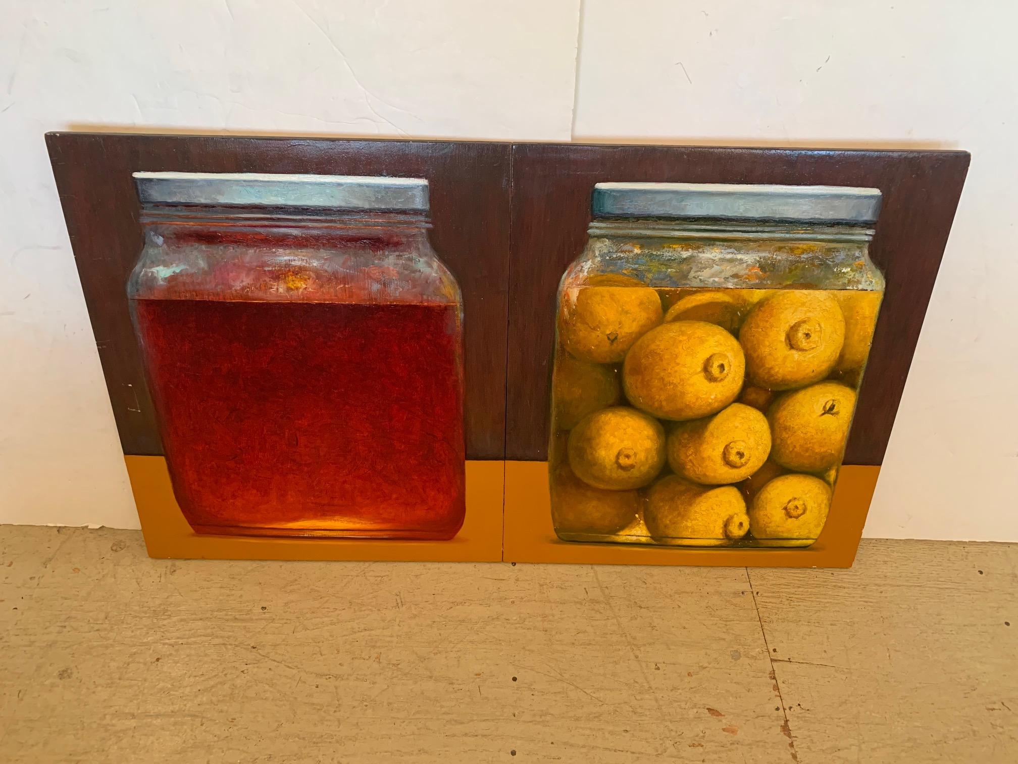 Superb original oil on board titled Cranberrybog Honey and Preserved Lemons by Ken Beck, signed on back. You can practically smell the lemons and taste the amber honey. The jars glisten and the surface of the painting is alive with texture.
2001.
 