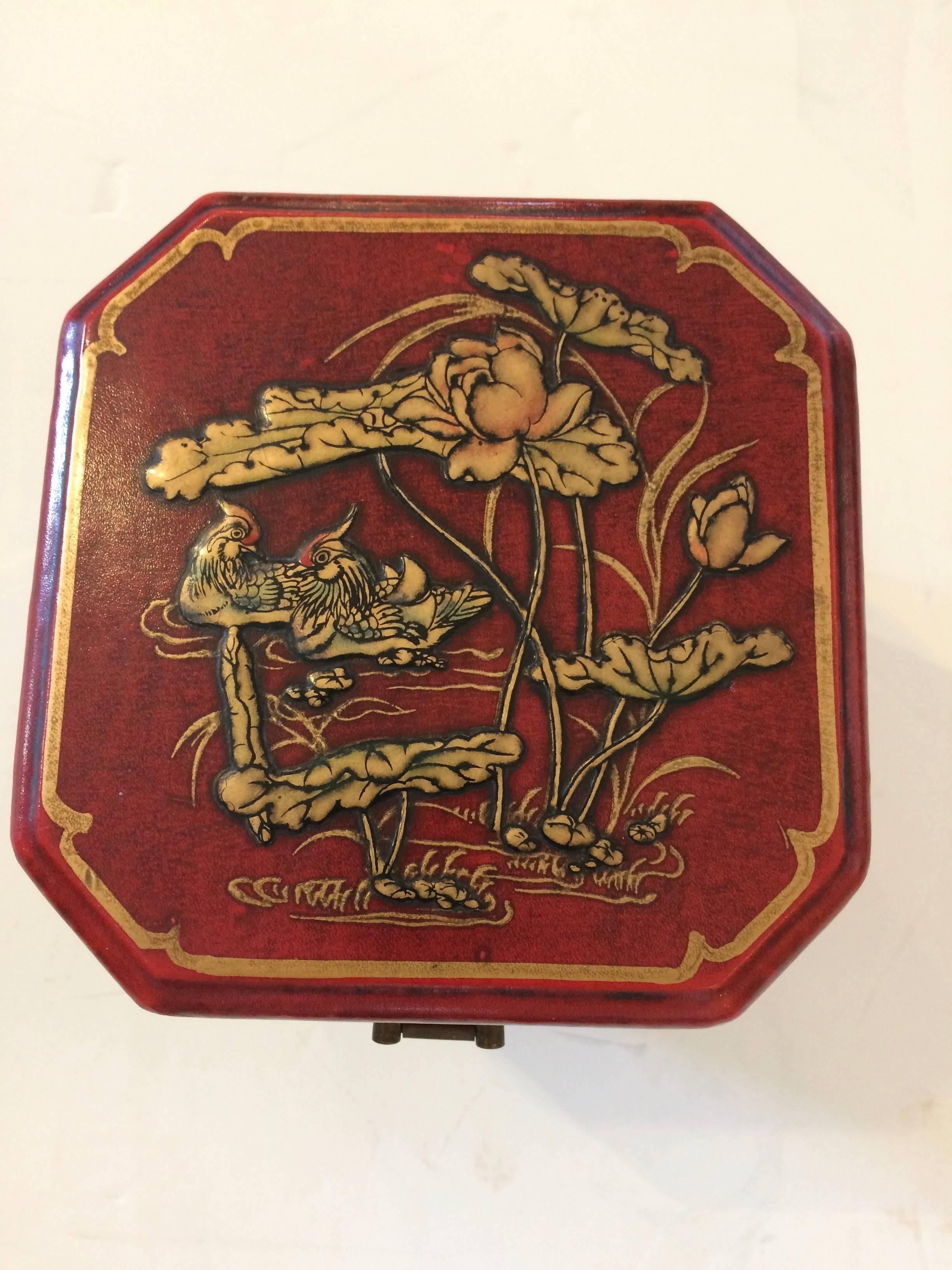 Luscious Leather Embossed Hand-Painted Chinoiserie Box For Sale 10