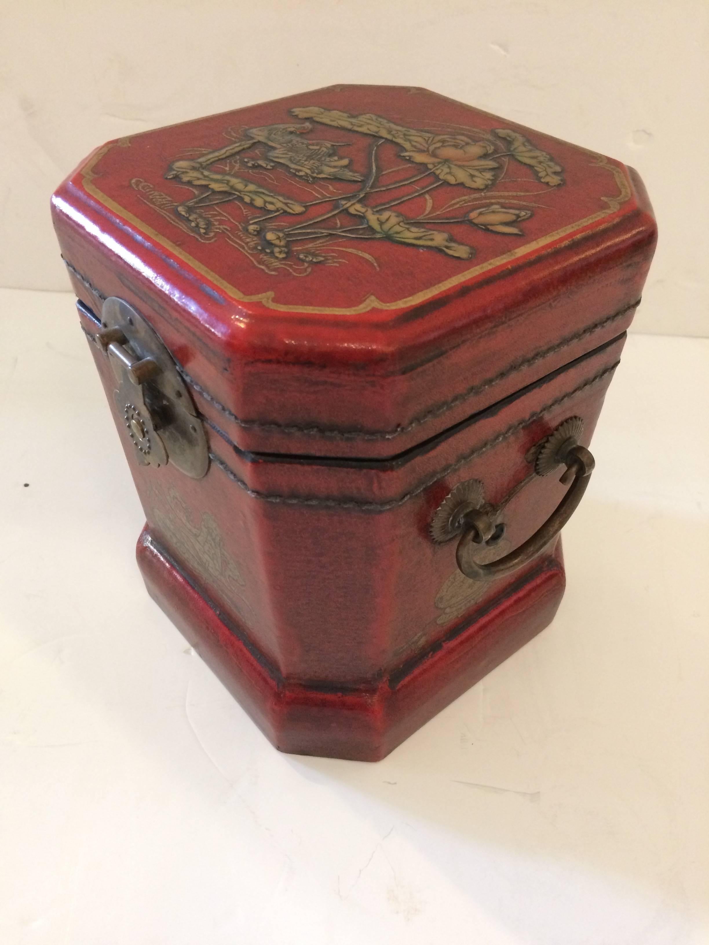 Luscious Leather Embossed Hand-Painted Chinoiserie Box For Sale 1