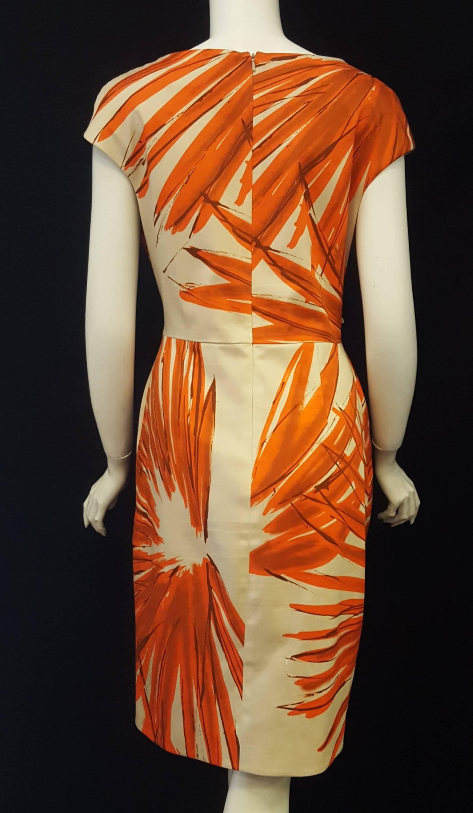 Luscious Lela Rose Orange & Beige Gathered Waist Sleeveless Dress In Excellent Condition For Sale In Palm Beach, FL
