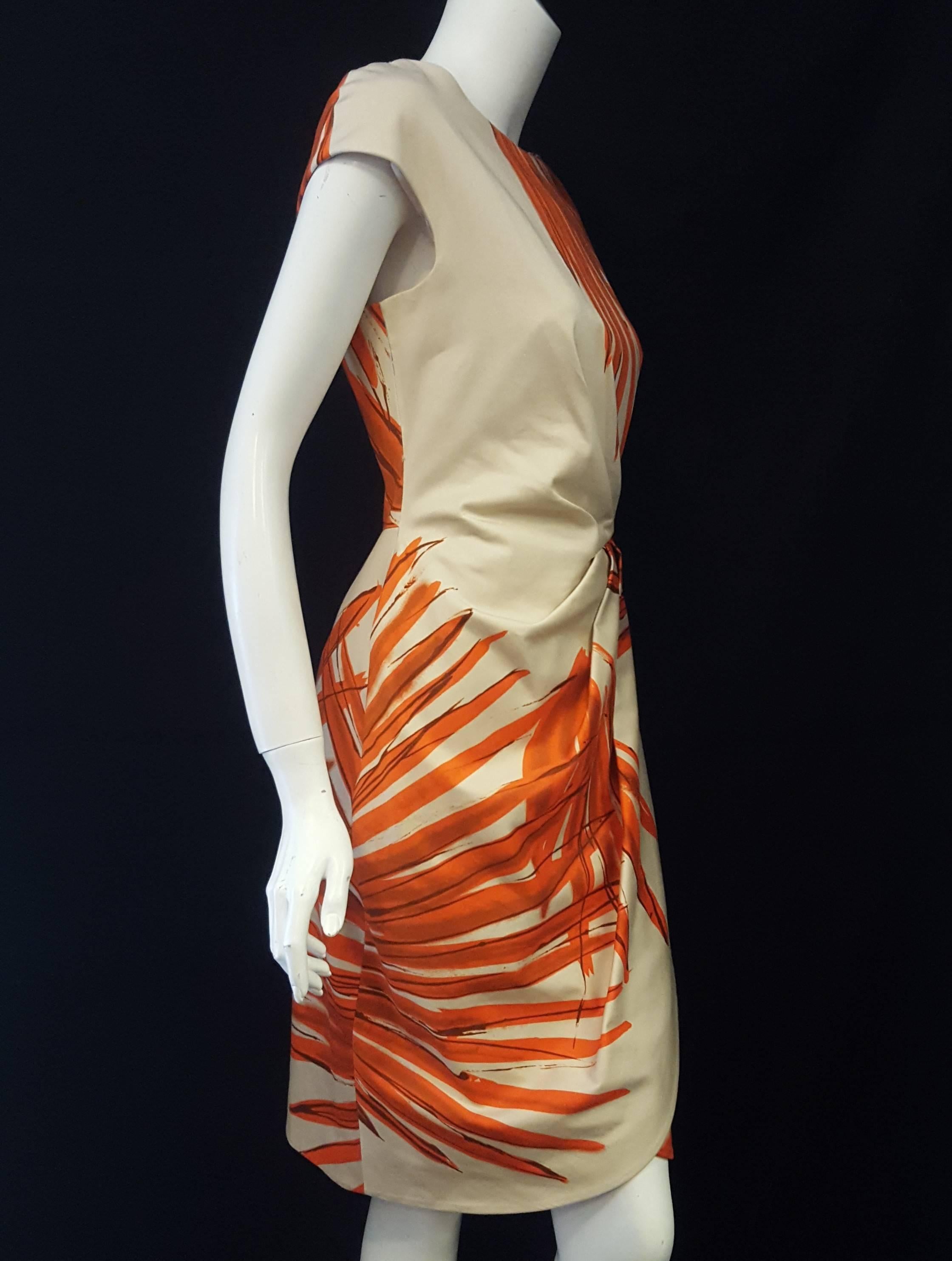 Women's Luscious Lela Rose Orange & Beige Gathered Waist Sleeveless Dress For Sale