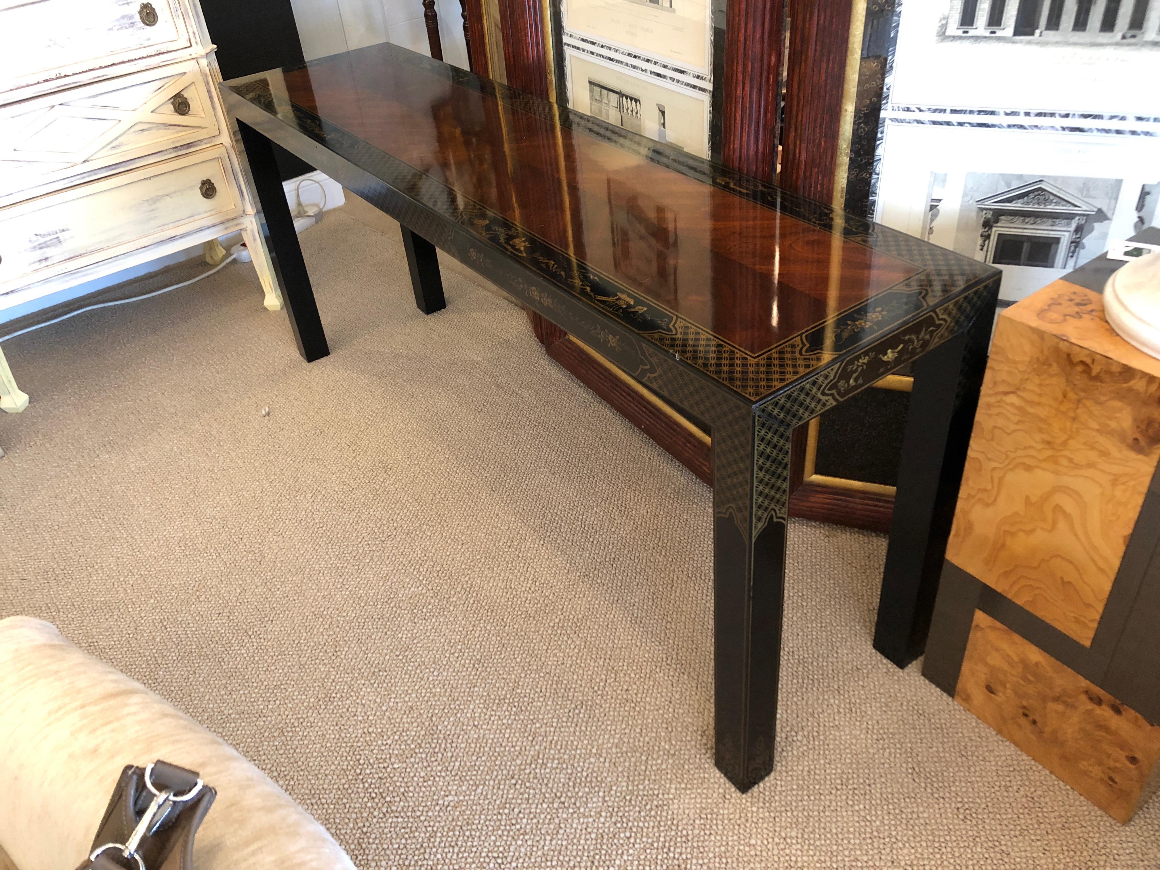 Luscious Chinoiserie Style Lacquered Mahogany and Ebonized Console Table 6