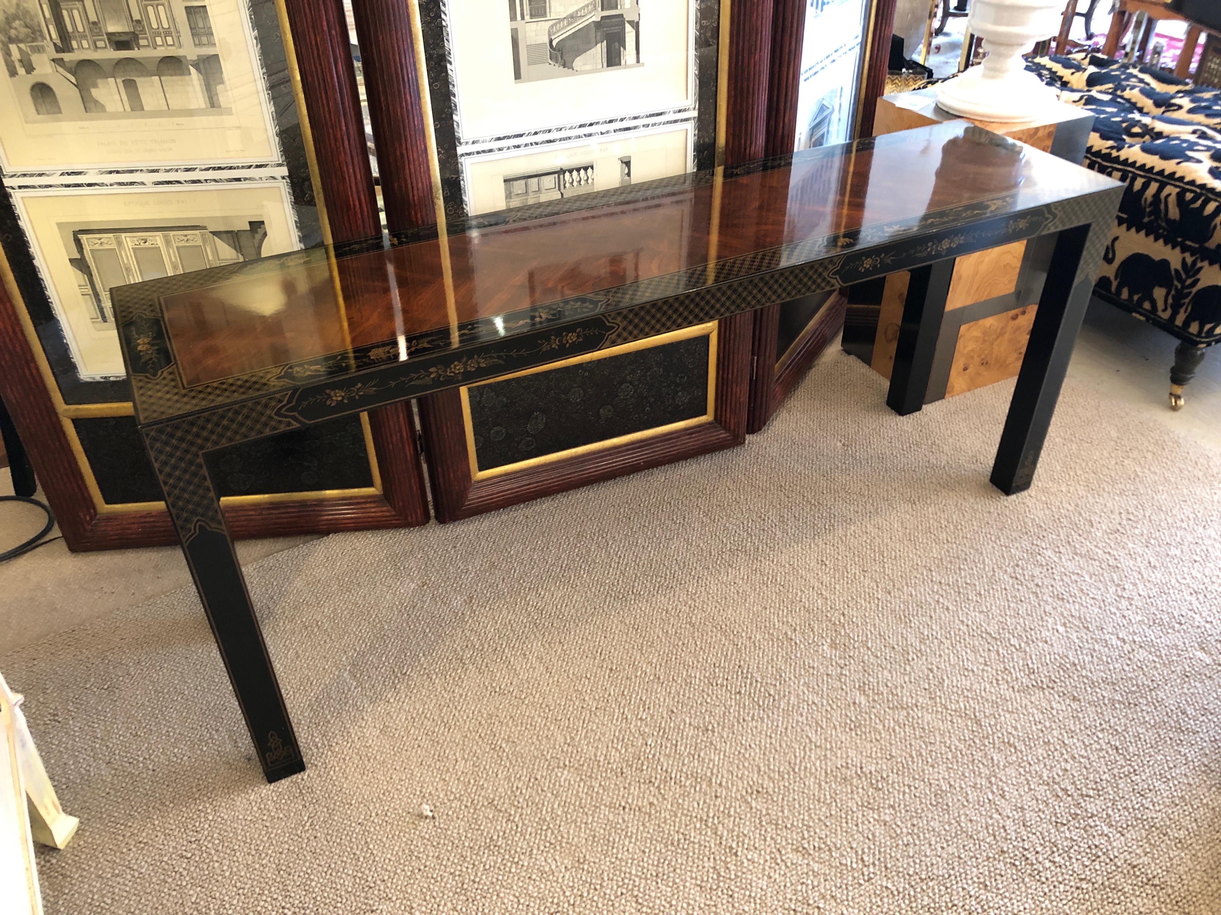 Luscious Chinoiserie Style Lacquered Mahogany and Ebonized Console Table 8