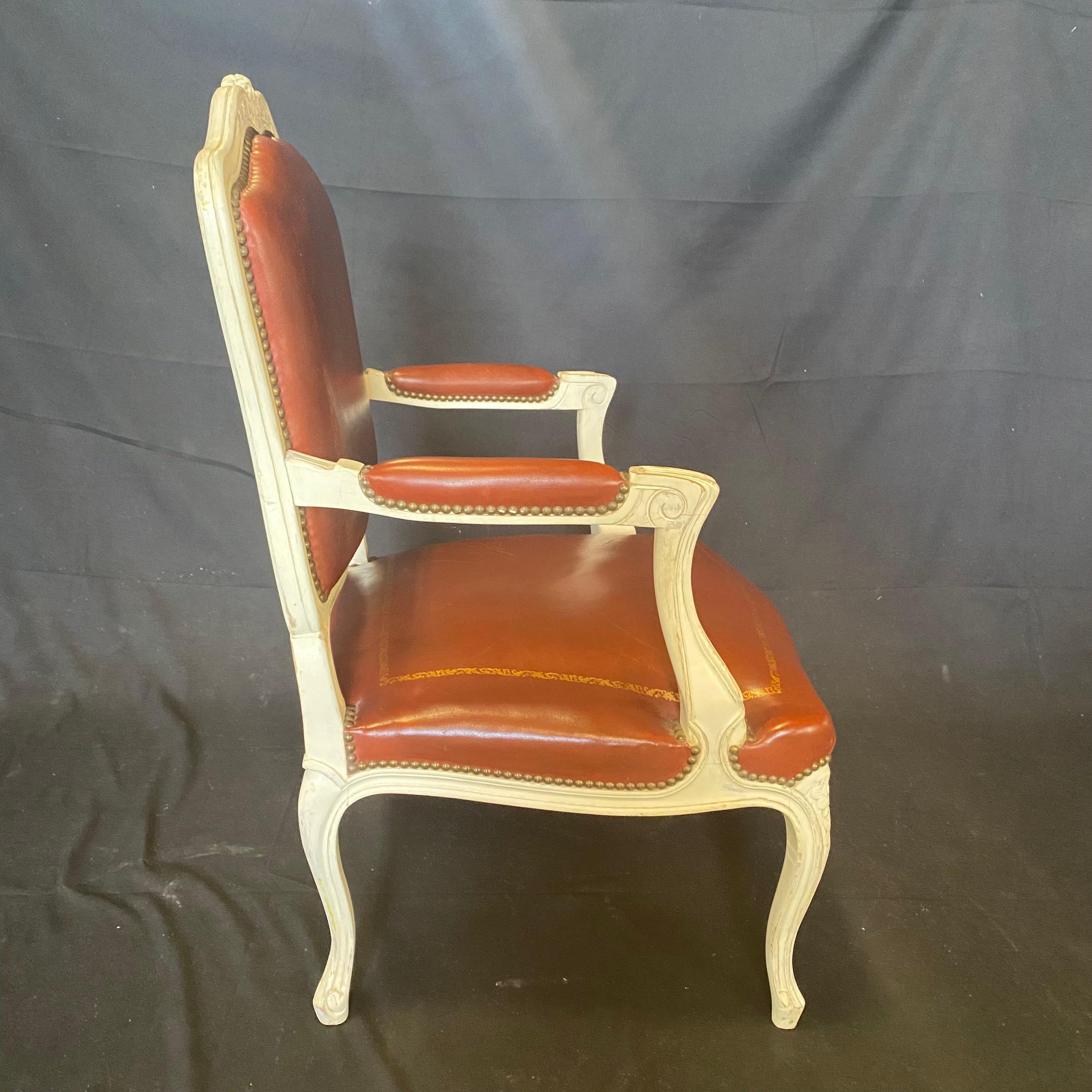 Luscious Pair of Caramel Leather and White Carved Wood French Armchairs For Sale 6
