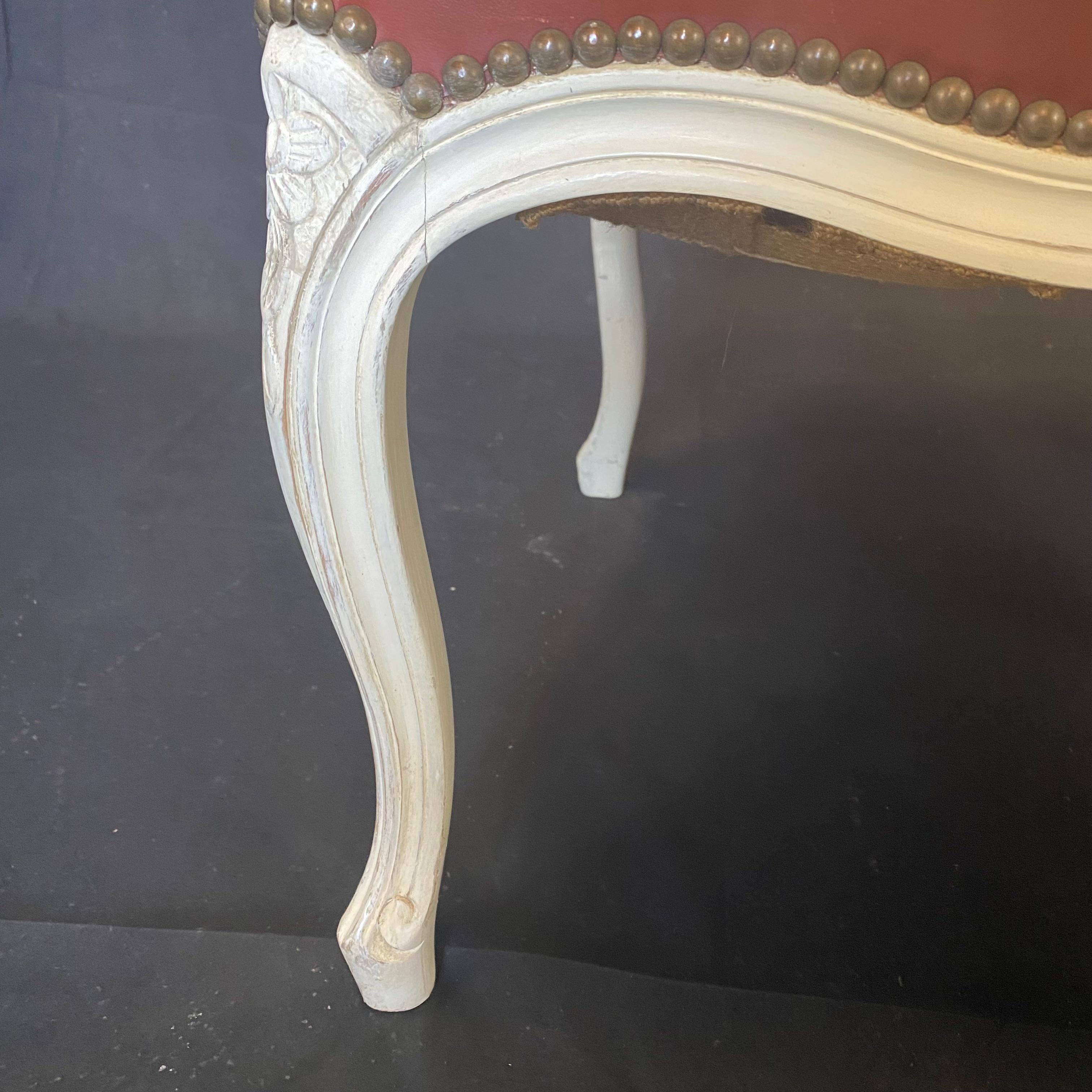 Luscious Pair of Caramel Leather and White Carved Wood French Armchairs For Sale 7