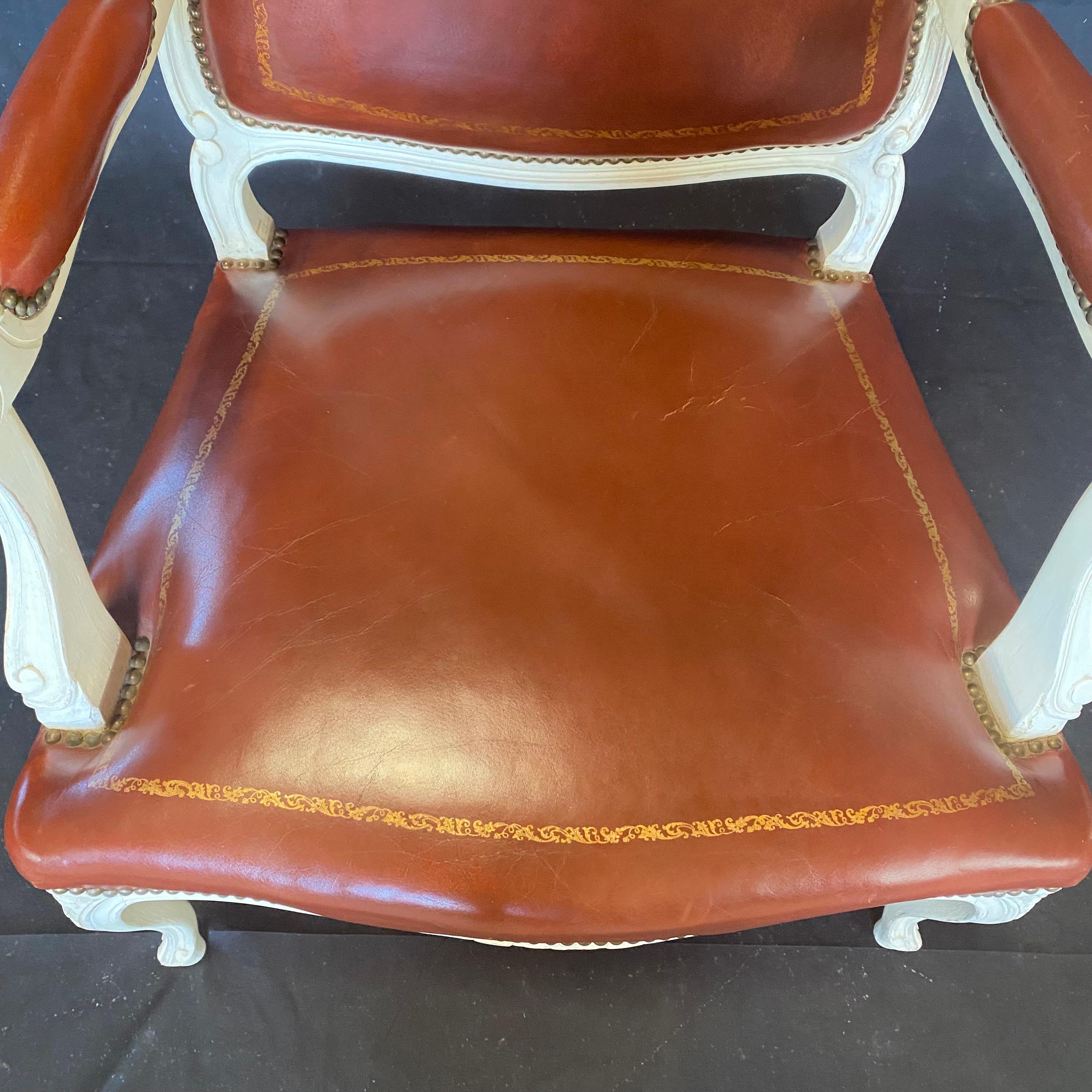 Luscious Pair of Caramel Leather and White Carved Wood French Armchairs In Good Condition For Sale In Hopewell, NJ