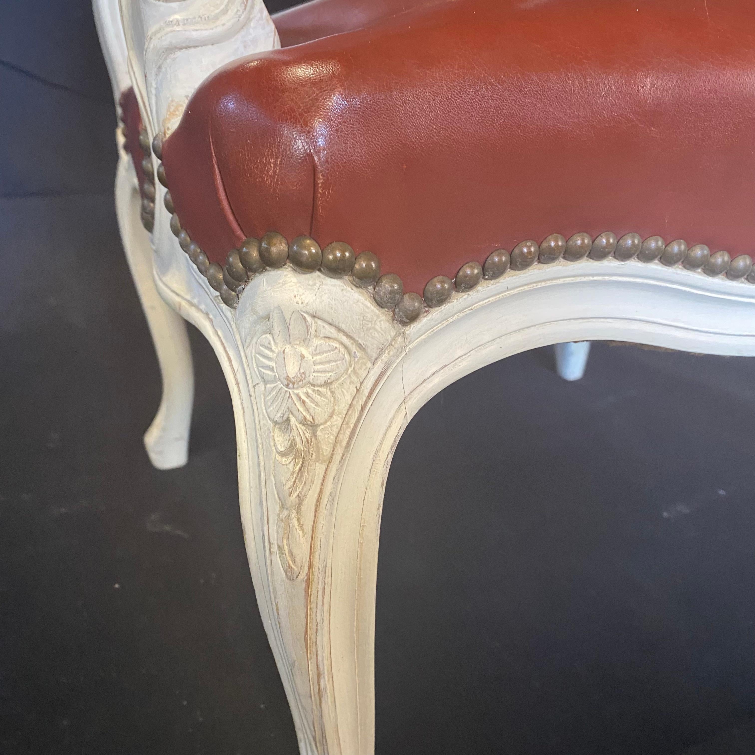 Luscious Pair of Caramel Leather and White Carved Wood French Armchairs For Sale 4