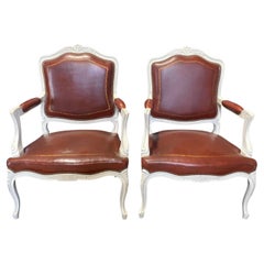 Luscious Pair of Caramel Leather and White Carved Wood French Armchairs