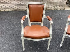 Luscious Pair of Caramel Leather French Louis XVI Painted Armchairs