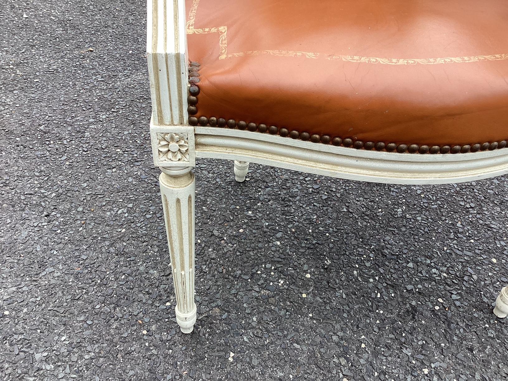 Mid-20th Century Luscious Pair of Caramel Leather French Louis XVI Painted Armchairs For Sale