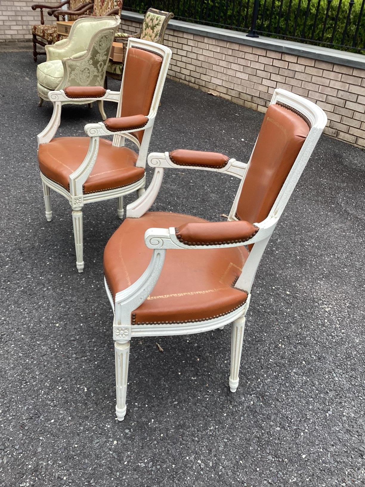 Luscious Pair of Caramel Leather French Louis XVI Painted Armchairs For Sale 4