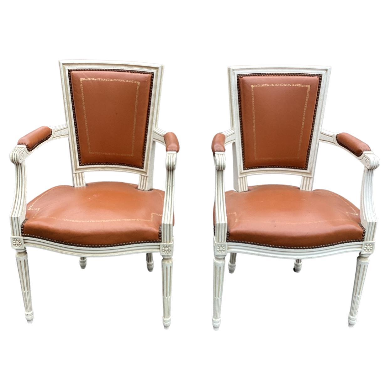 Luscious Pair of Caramel Leather French Louis XVI Painted Armchairs For Sale