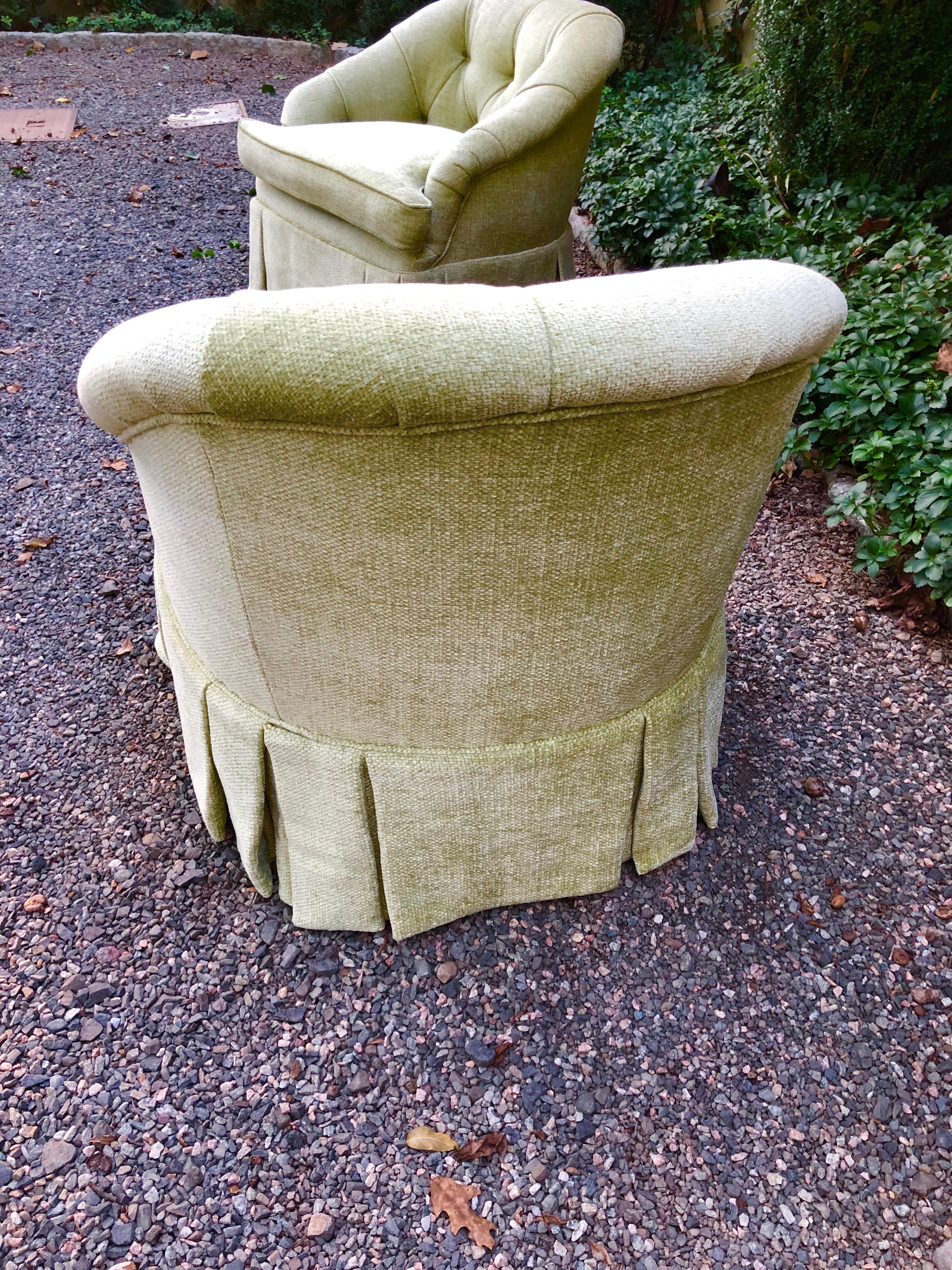 Luscious Pair of Vintage Pale Green Chenille Club Chairs In Excellent Condition In Hopewell, NJ