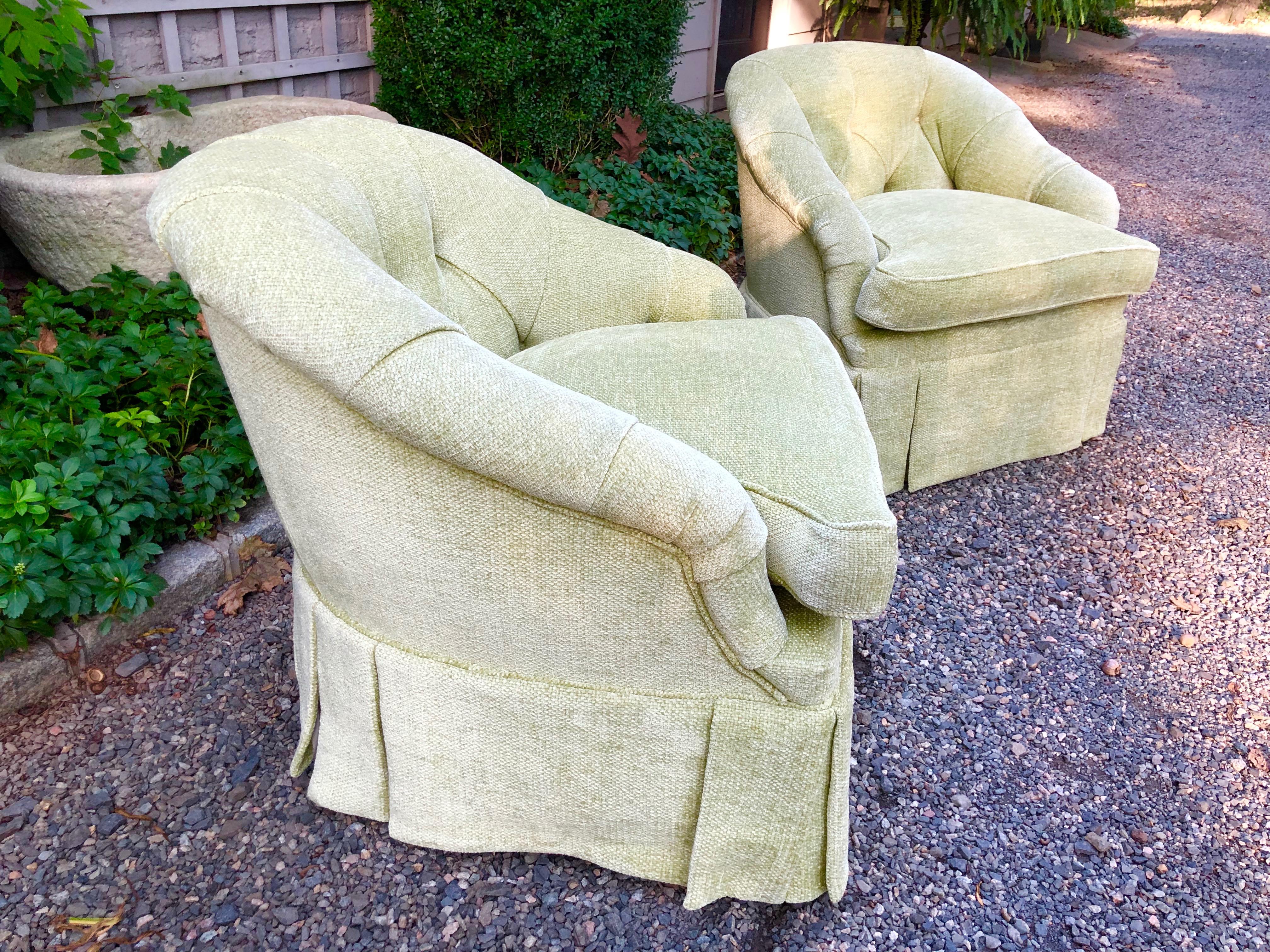 Luscious Pair of Vintage Pale Green Chenille Club Chairs 1