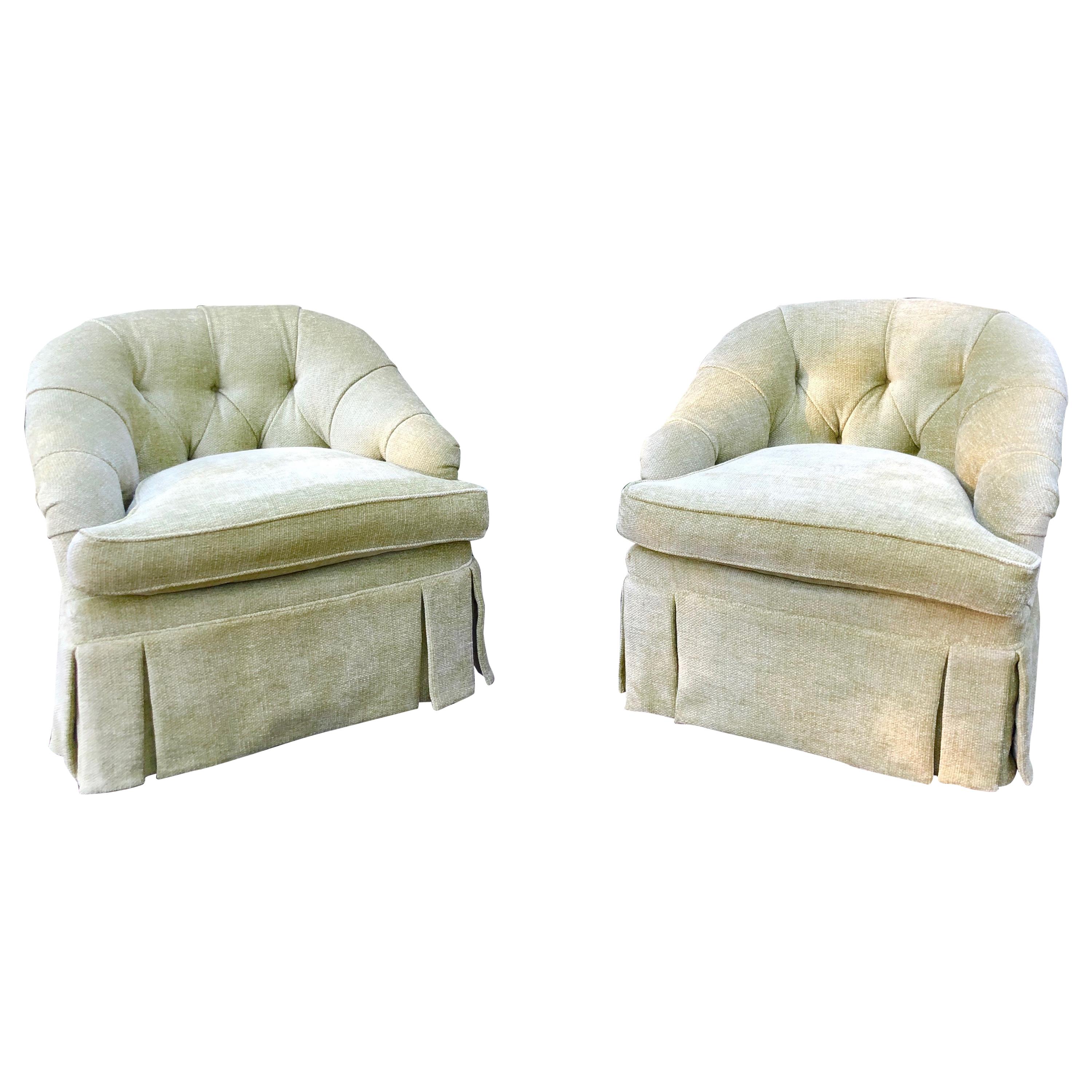 Luscious Pair of Vintage Pale Green Chenille Club Chairs