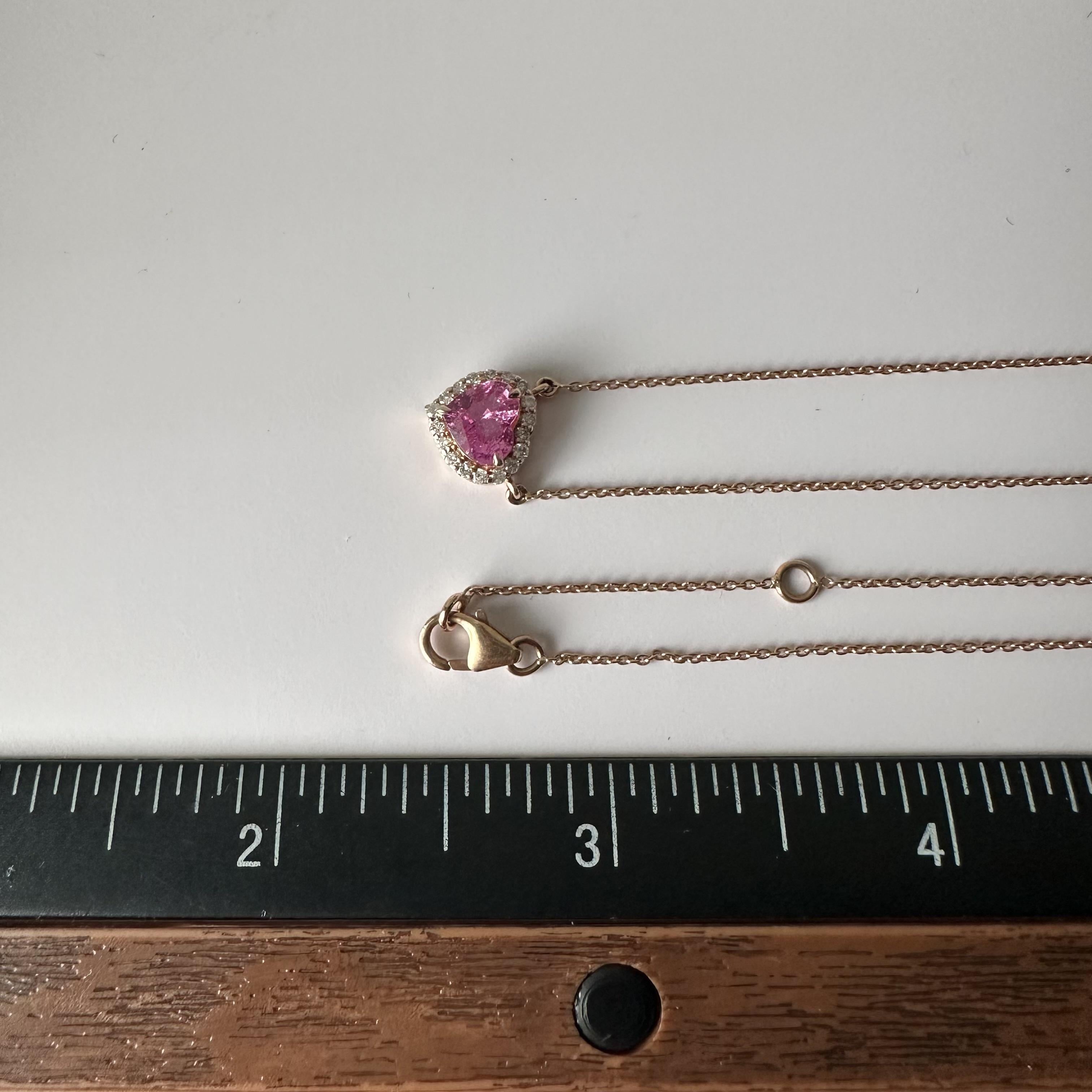 Women's Luscious Pink Sapphire and Diamond Heart Necklace in 14kt Rose Gold For Sale
