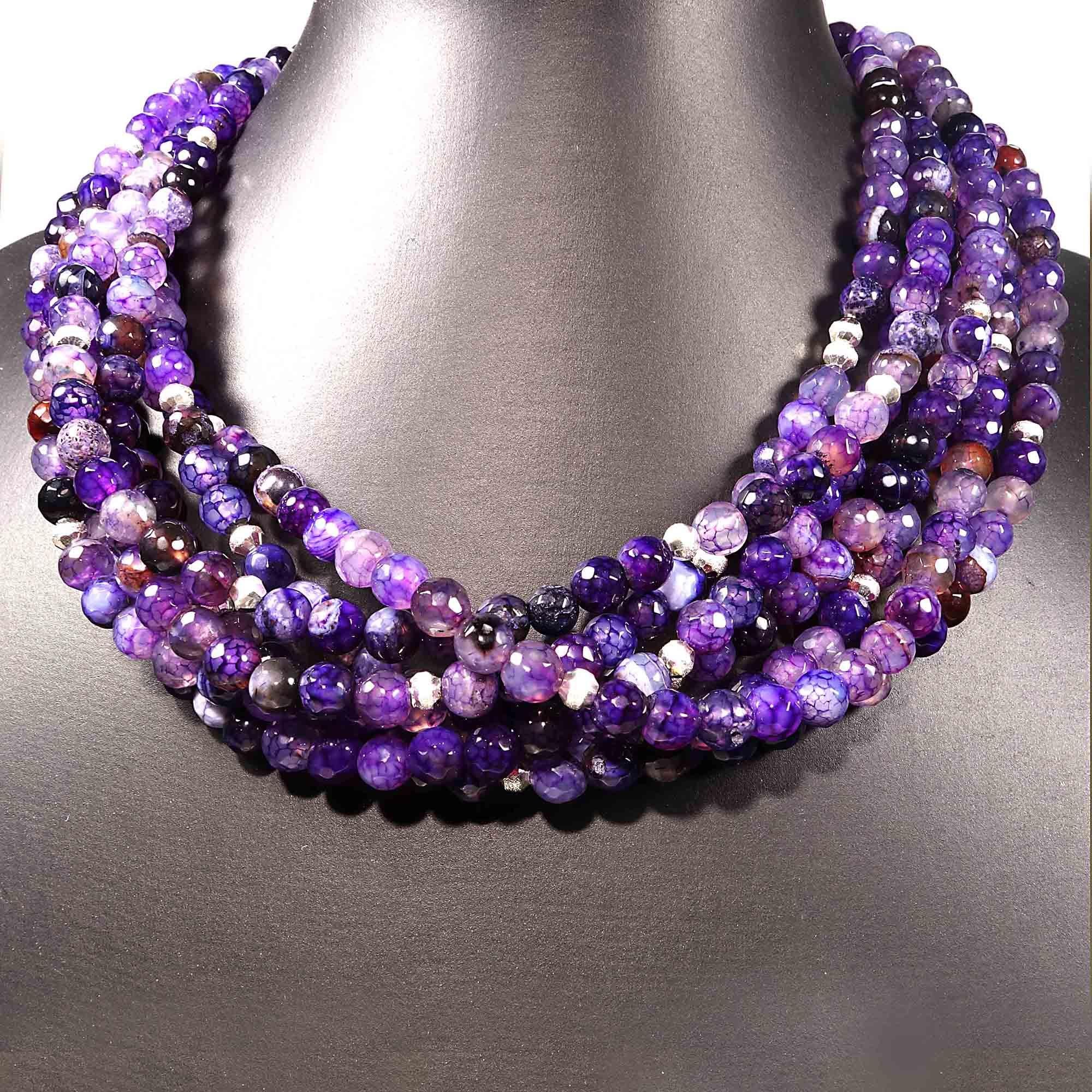 Fabulous, handmade purple seven strand choker necklace with hammered Sterling Silver toggle clasp. This purple dyed agate choker is just gorgeous.  The faceted 6 MM agate spheres are glowing light purple to a rich deep purple and have silver tone