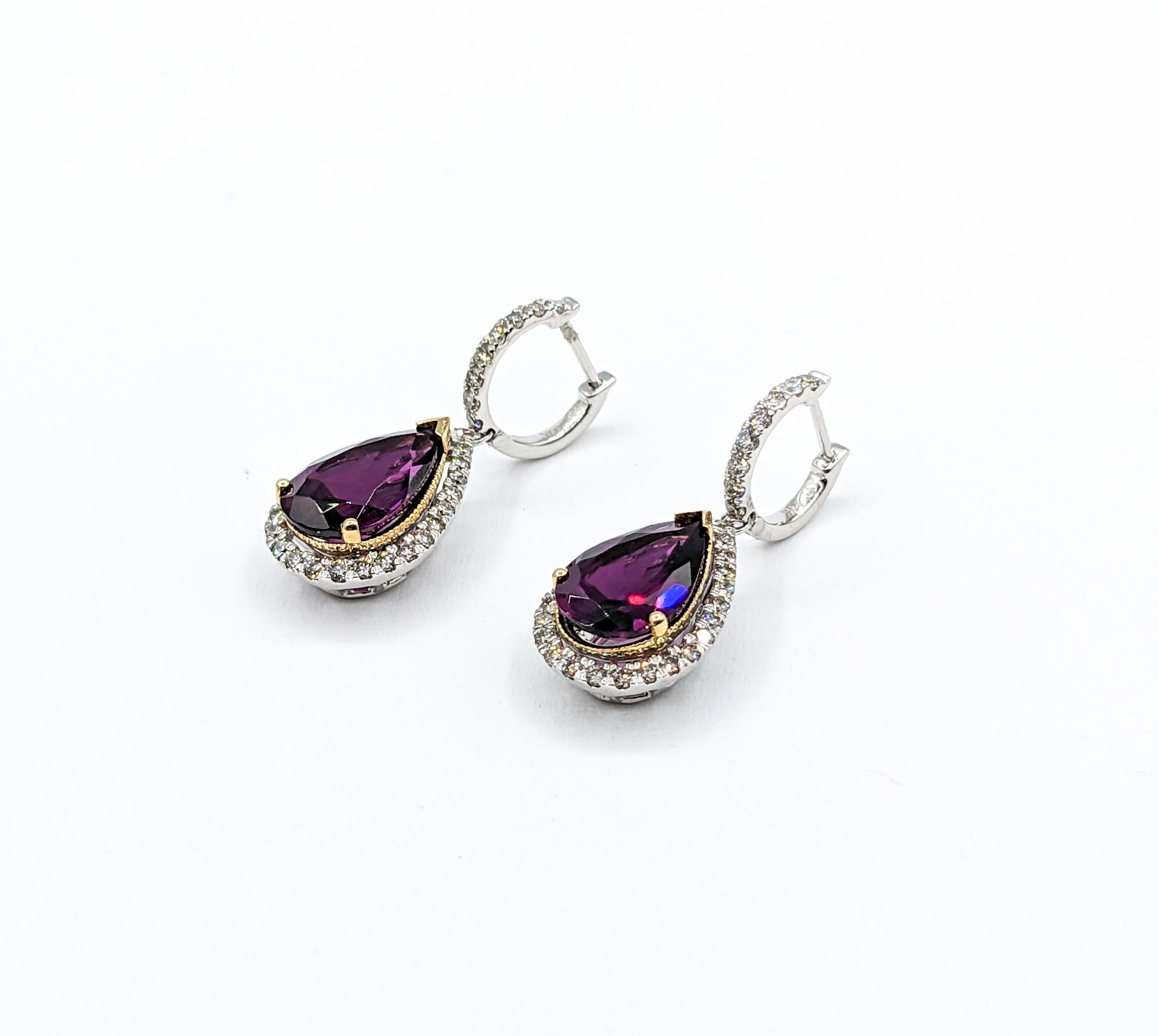 Luscious Rhodolite Garnet & Diamond Drop Earrings

Presenting an exquisite pair of earring, masterfully crafted in Rhodolite Garnet pear earrings in 14k white gold with yellow gold accents. These earrings feature gorgeous pair of pear shaped