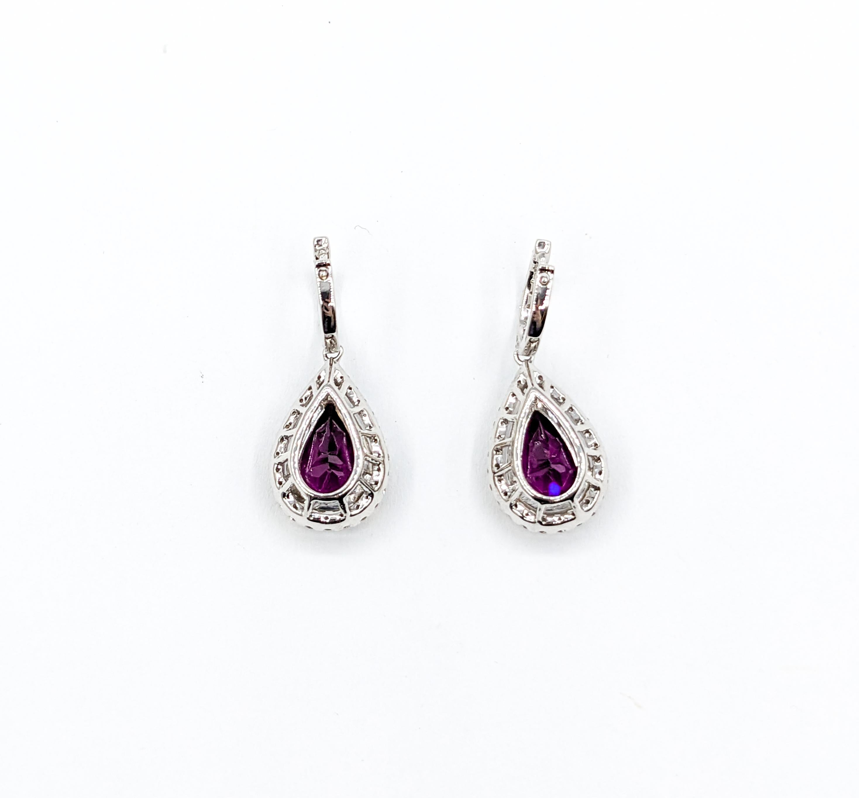 Contemporary Luscious Purple Rhodolite Garnet & Diamond Drop Earrings in 14K White Gold For Sale
