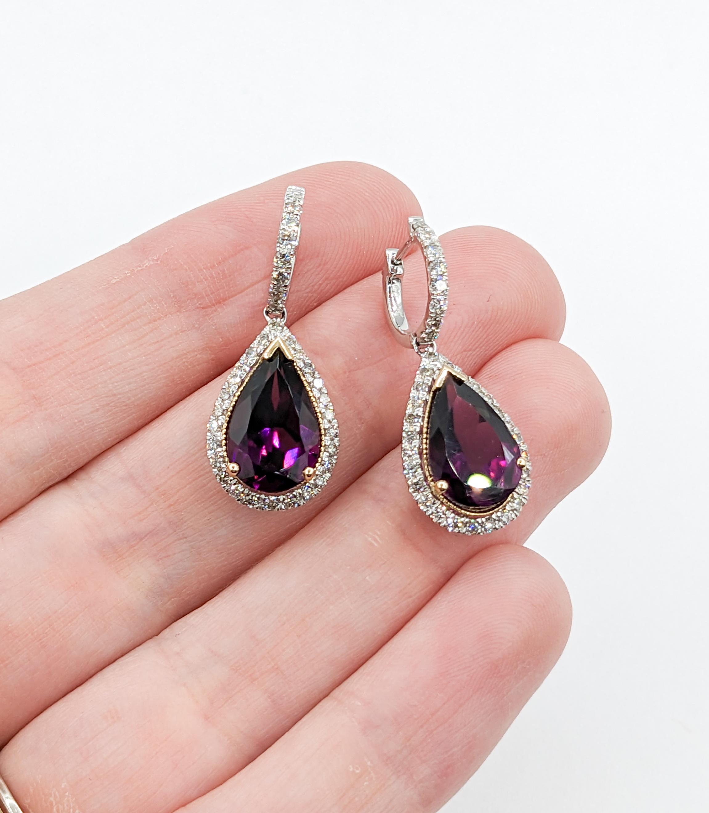 Pear Cut Luscious Purple Rhodolite Garnet & Diamond Drop Earrings in 14K White Gold For Sale