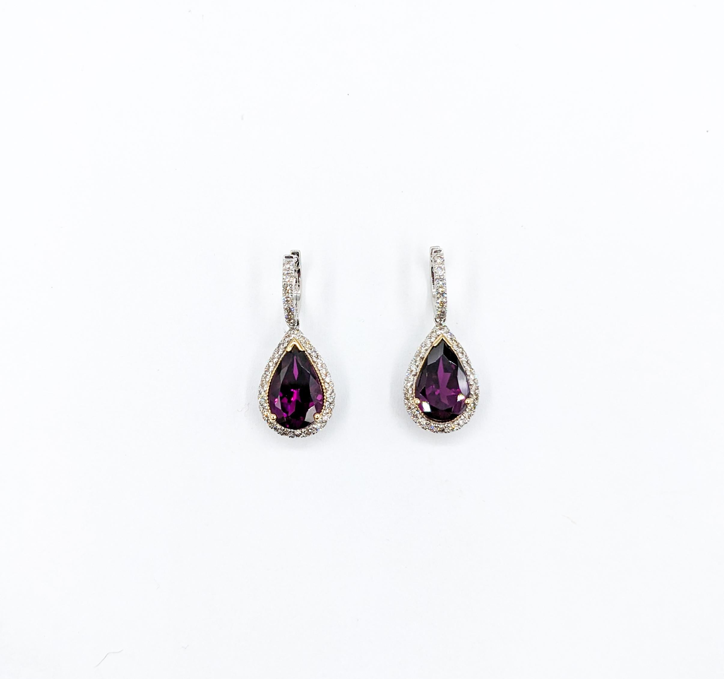 Luscious Purple Rhodolite Garnet & Diamond Drop Earrings in 14K White Gold In New Condition For Sale In Bloomington, MN