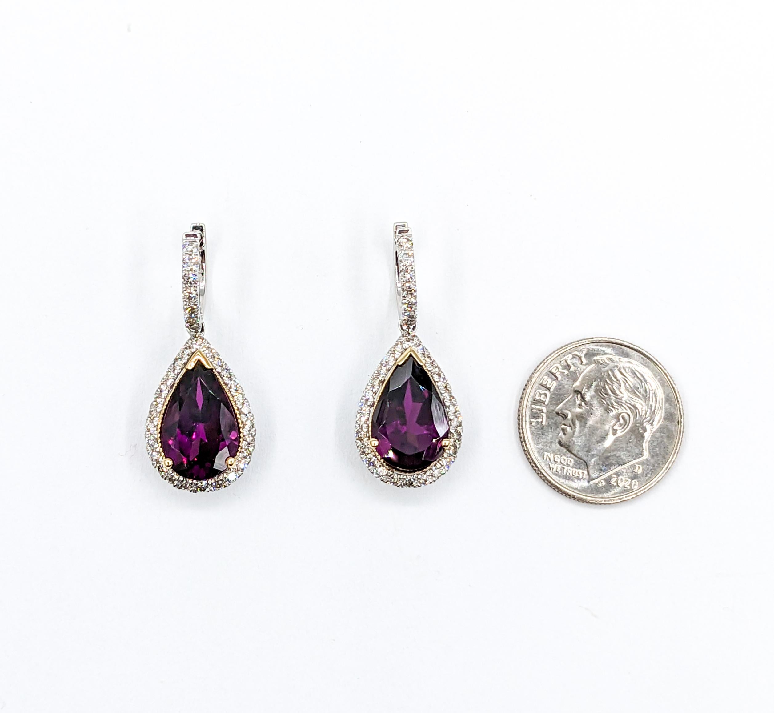 Women's Luscious Purple Rhodolite Garnet & Diamond Drop Earrings in 14K White Gold For Sale