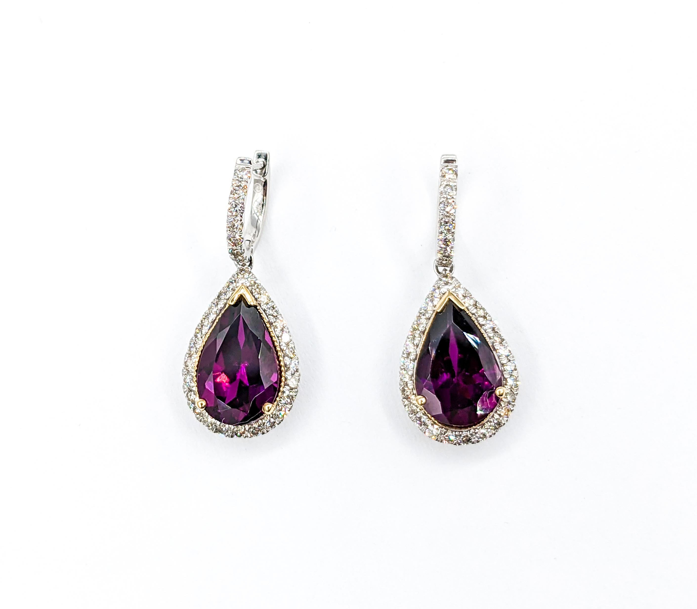 Luscious Purple Rhodolite Garnet & Diamond Drop Earrings in 14K White Gold For Sale 1