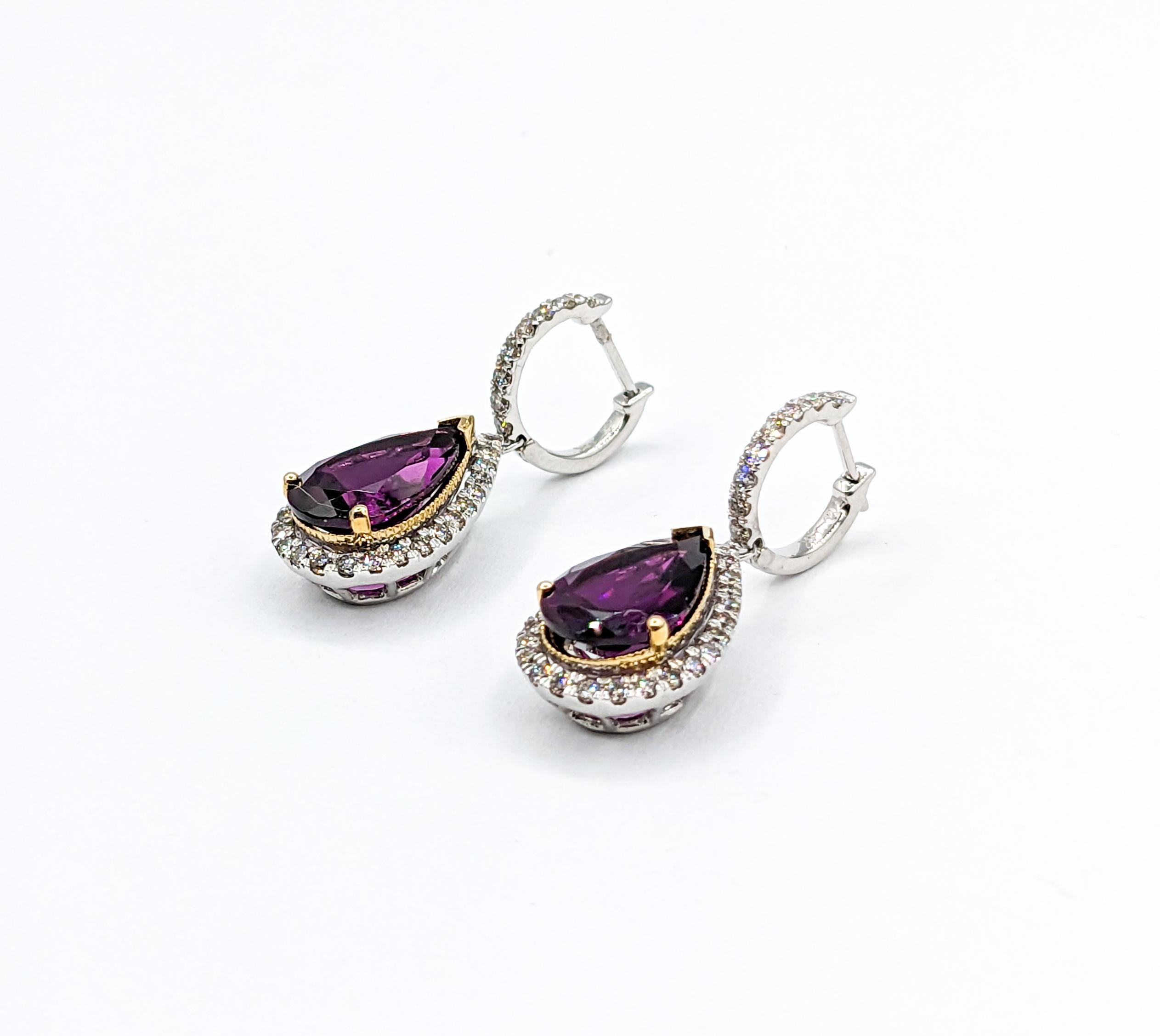 Luscious Purple Rhodolite Garnet & Diamond Drop Earrings in 14K White Gold For Sale 3