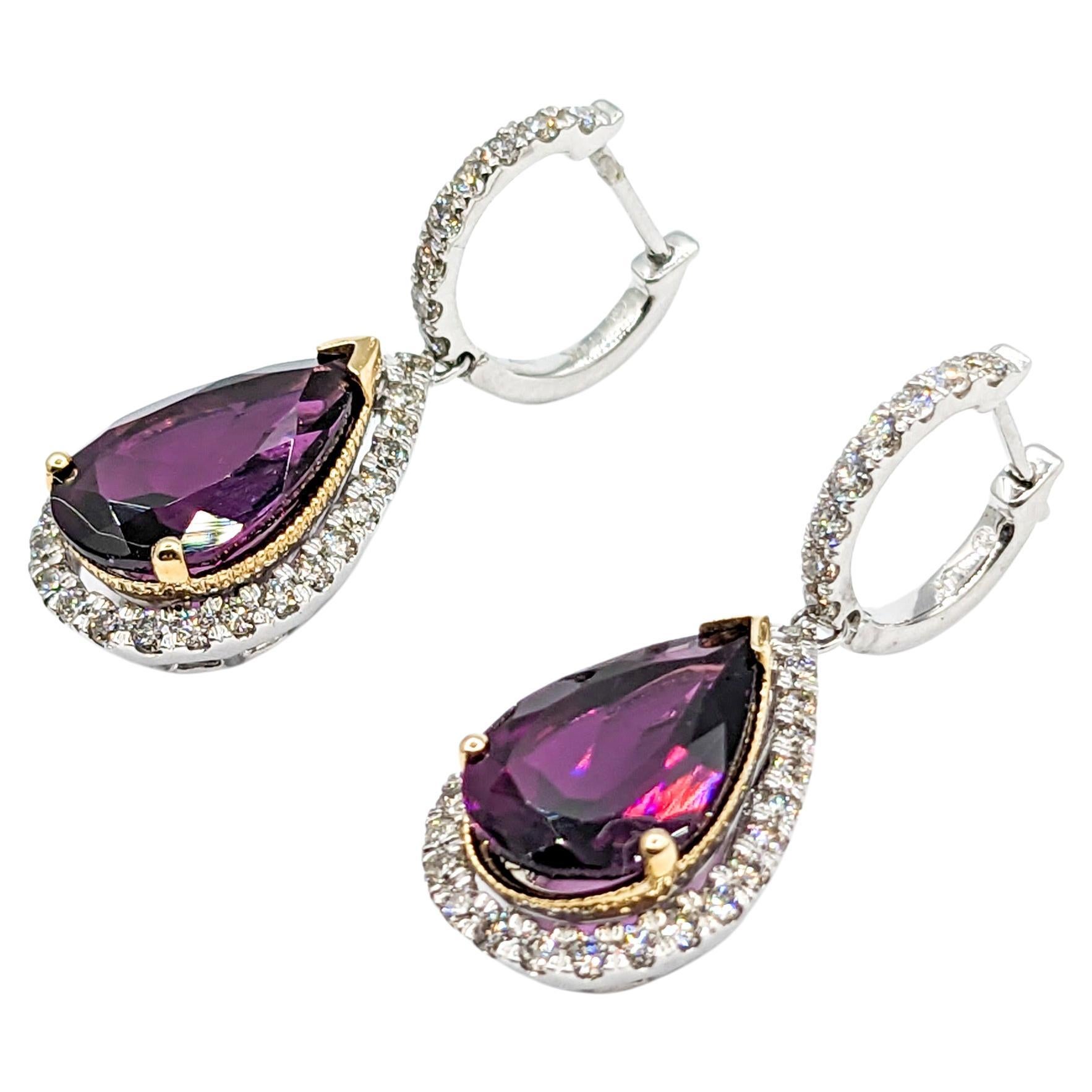 Luscious Purple Rhodolite Garnet & Diamond Drop Earrings in 14K White Gold For Sale