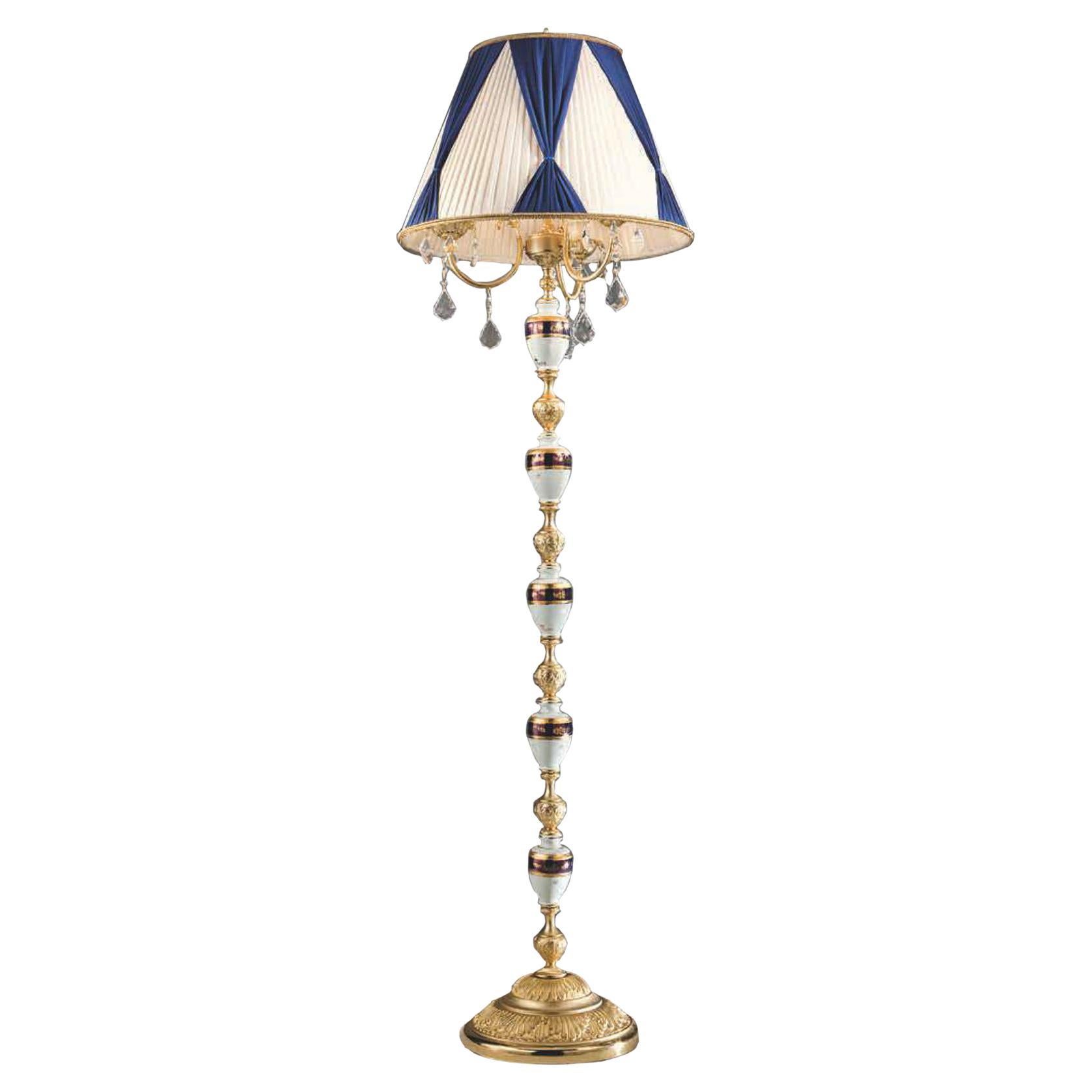 Lush 24kt Gold Plated 3-Lights Floor Lamp with  Porcelain & Transparent Crystals For Sale