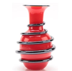 Art Glass Large Red Vase Snake Wrapped, Vintage, Signed and Dated