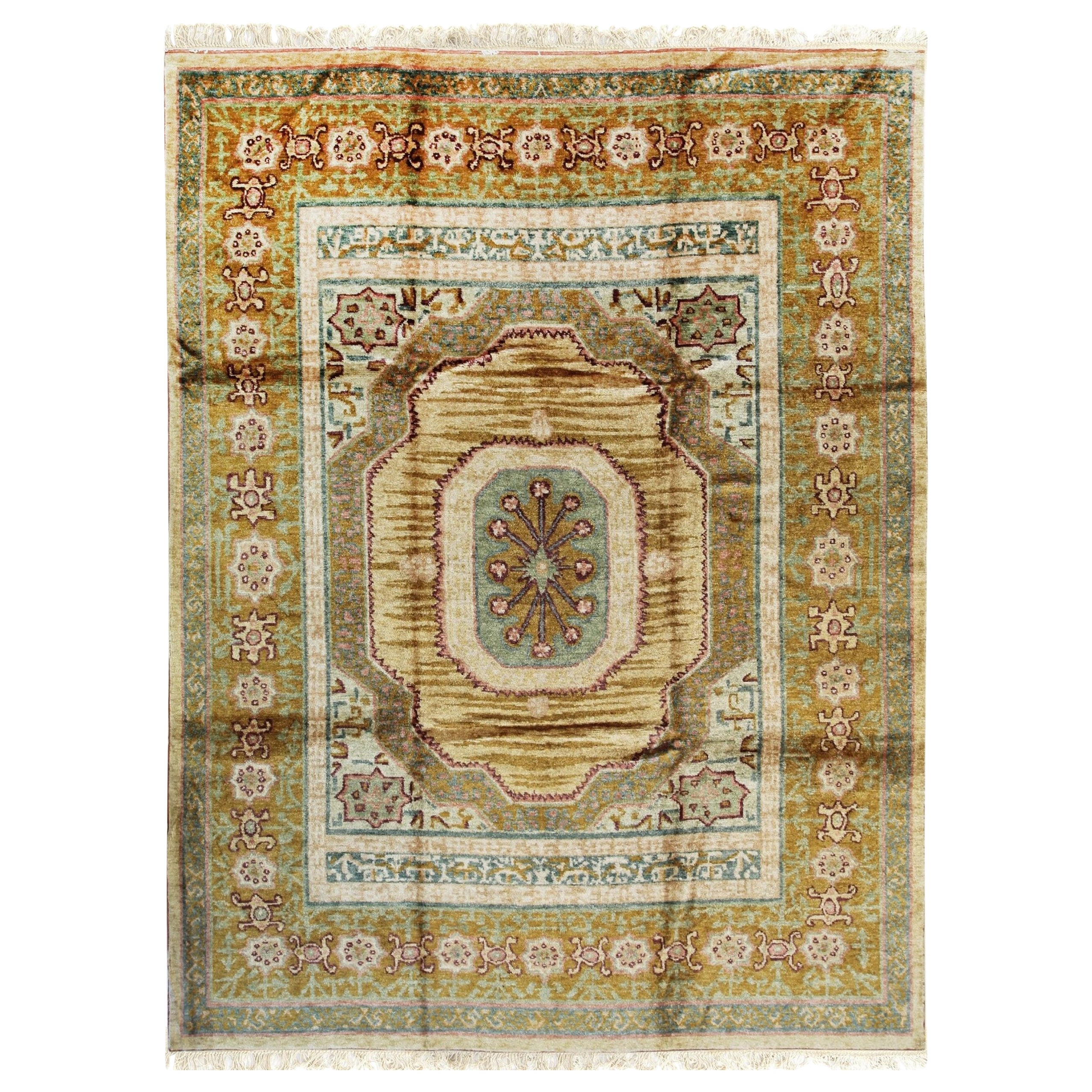Lush Oushak Green Mohair Hand-Knotted Rug Carpet with Central Medallion Design For Sale