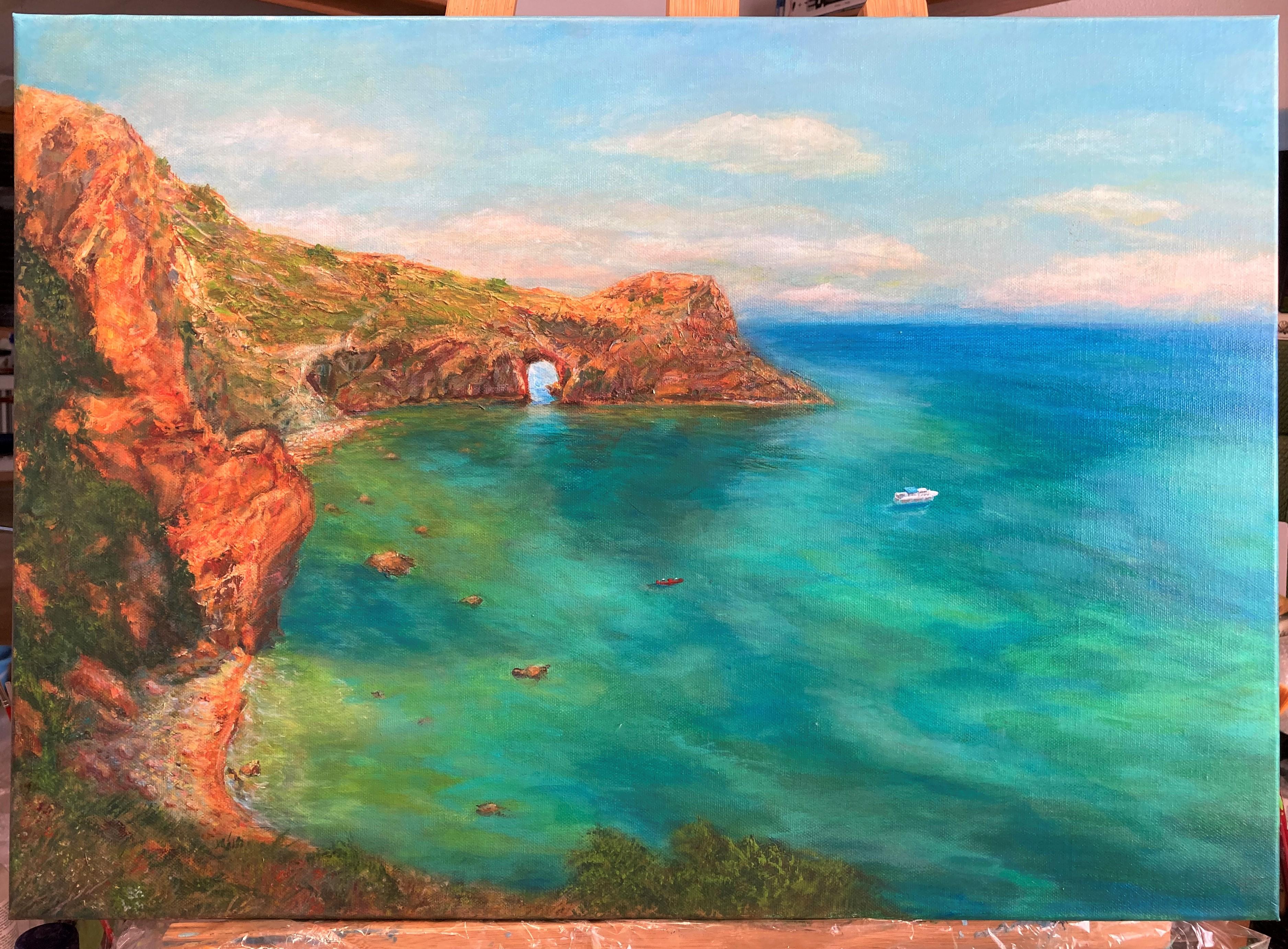 En este cuadro he captado la belleza indómita de un paisaje costero mediterráneo. 
El uso de pinturas acrílicas y al óleo crea una profundidad e intensidad que invitan al espectador a perderse en los vivos tonos azules del mar y los cálidos tonos