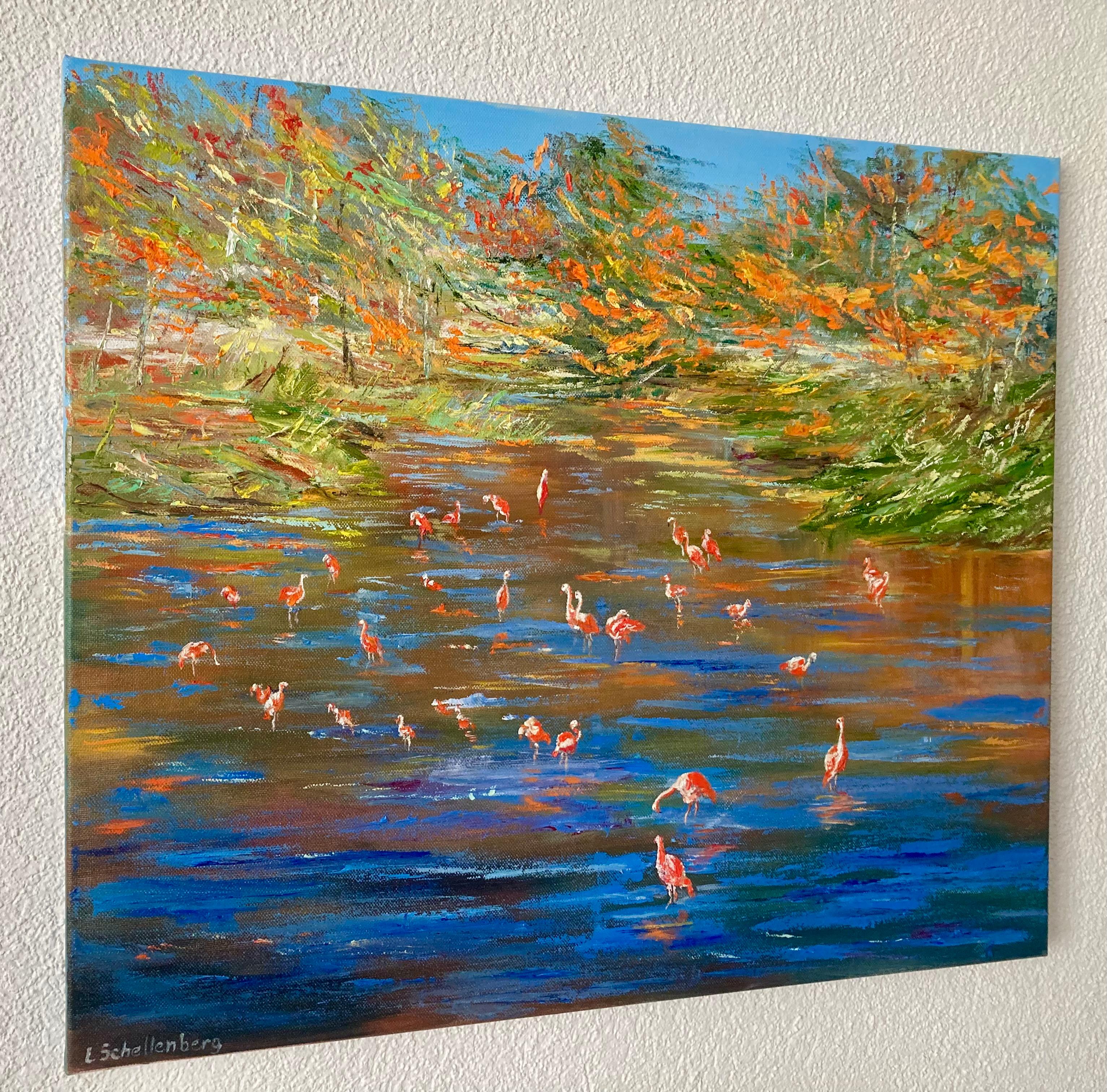 Flamingo. Original painting - Brown Landscape Painting by Lusie Schellenberg