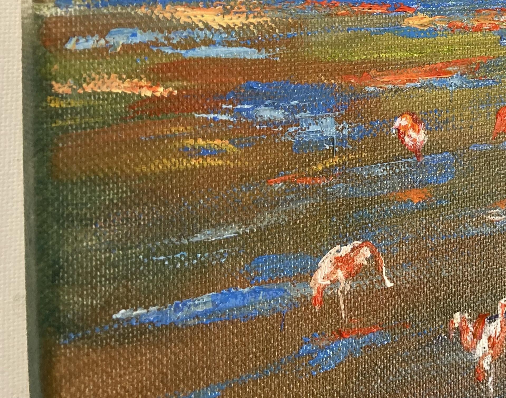 In my work, I created a vivid scene with flamingos on a calm body of water, surrounded by a colorful autumn forest. The combination of expressionism, realism and semi-abstraction creates an intense, emotional experience that emphasizes the beauty of