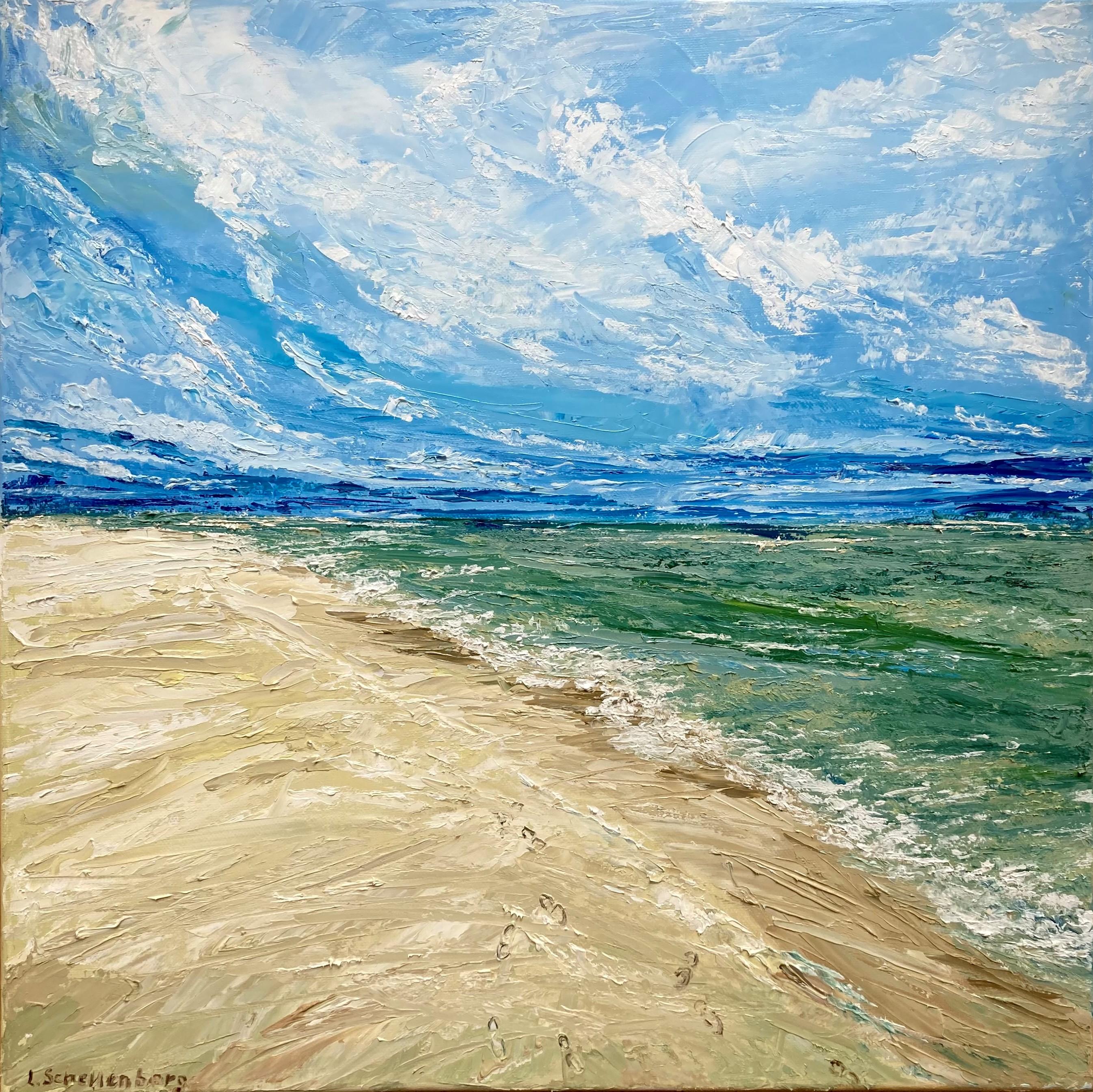 Lusie Schellenberg Landscape Painting – Fußabdrücke im Sand. Original-Gemälde