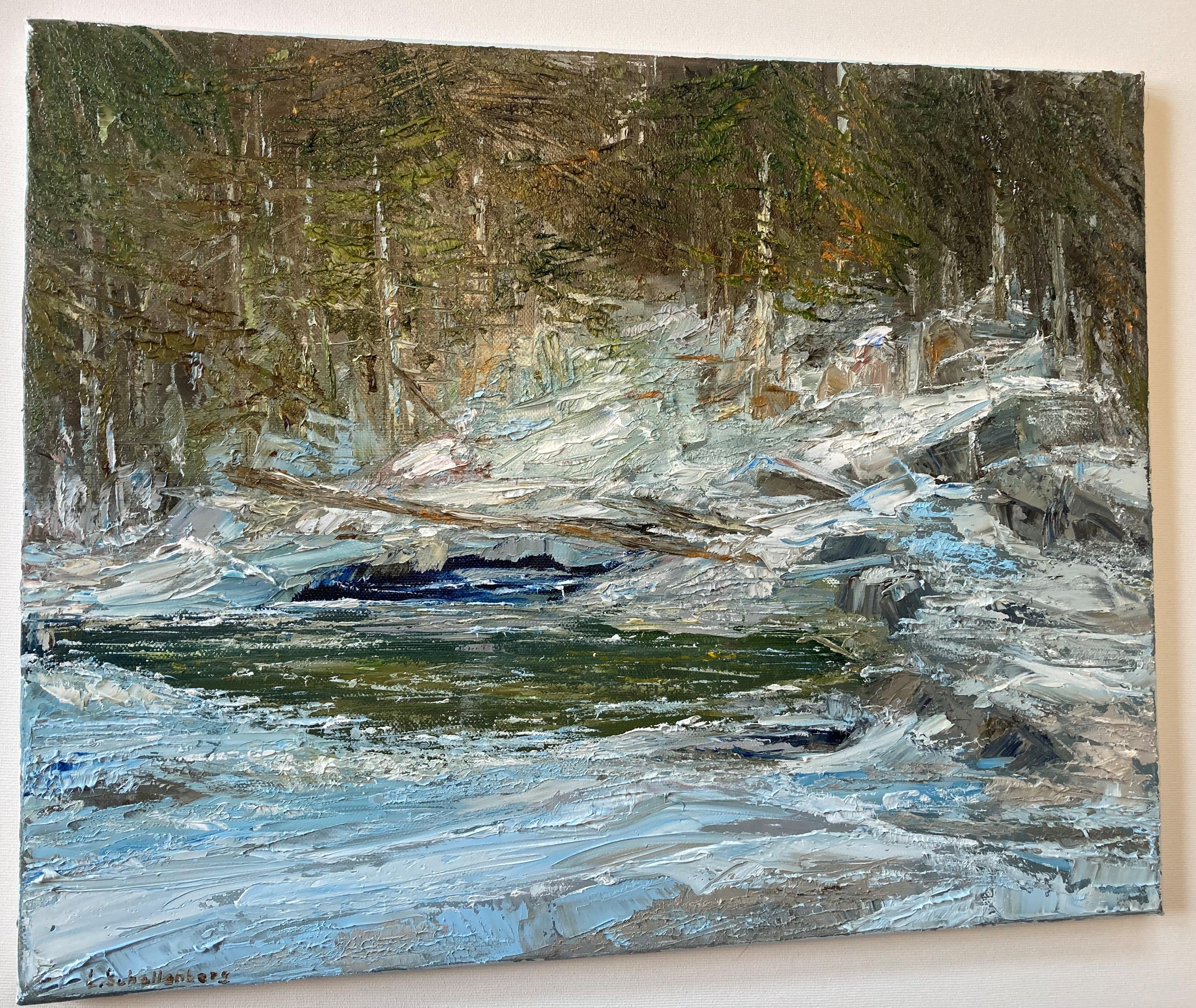 Forest Lake. Original-Gemälde (Grau), Landscape Painting, von Lusie Schellenberg