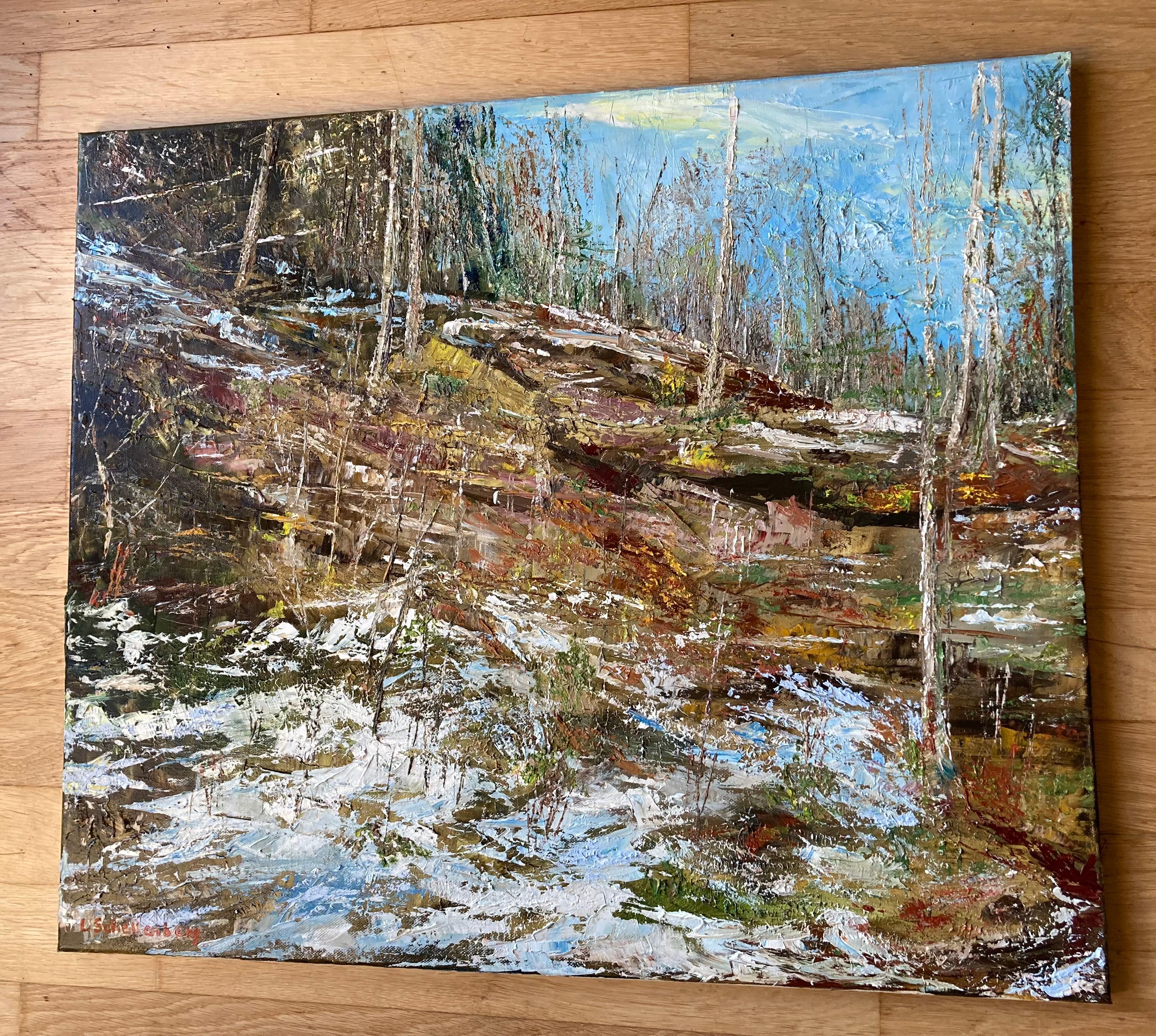 Herbststimmung. Original painting - Gray Landscape Painting by Lusie Schellenberg