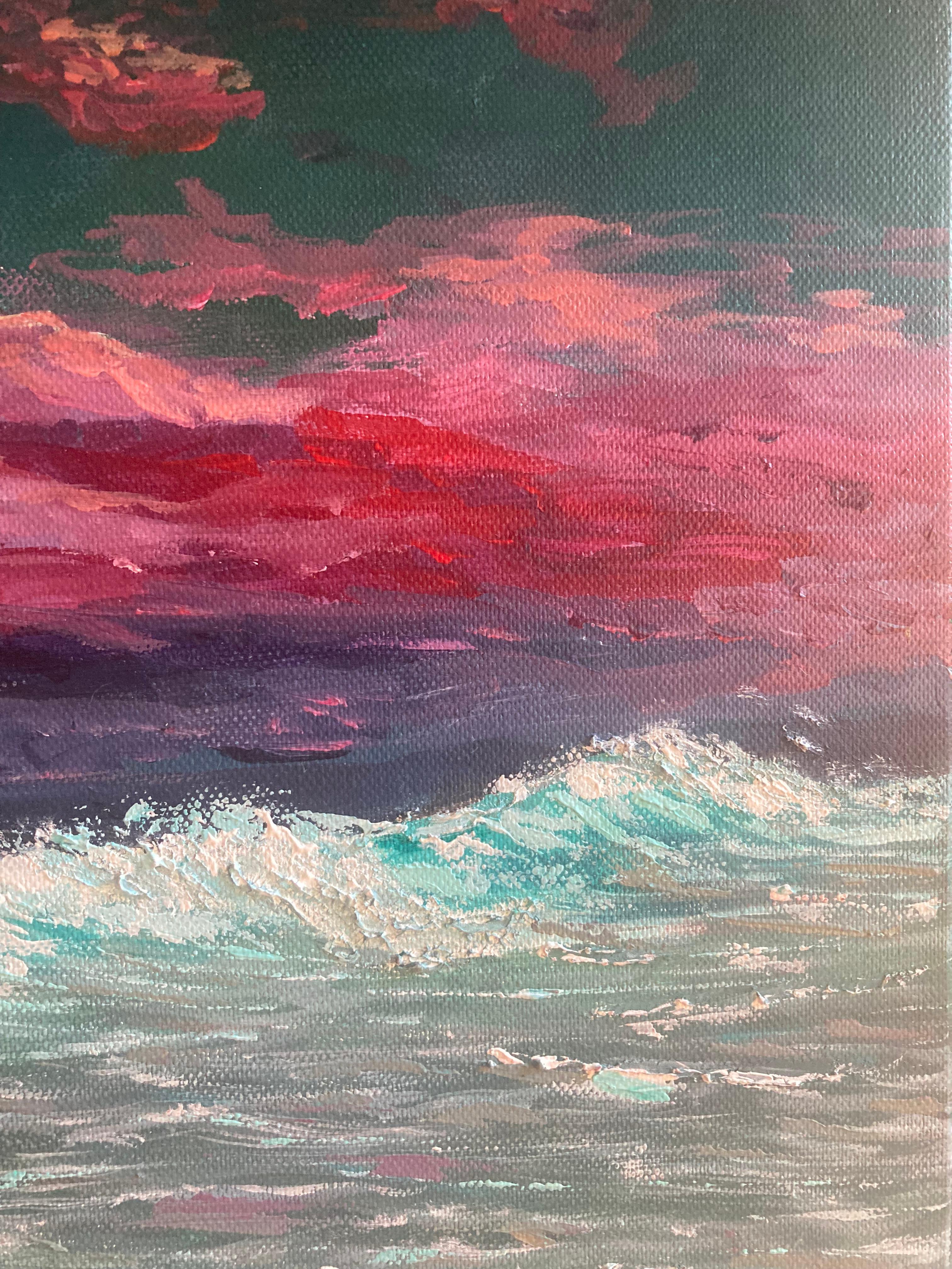 This work was created based on childhood memories.Impressionistic and semi-abstract techniques combine to depict the dynamic movements of waves and the quiet power of water. As a child, the artist went to the sea with her family. And at sunset