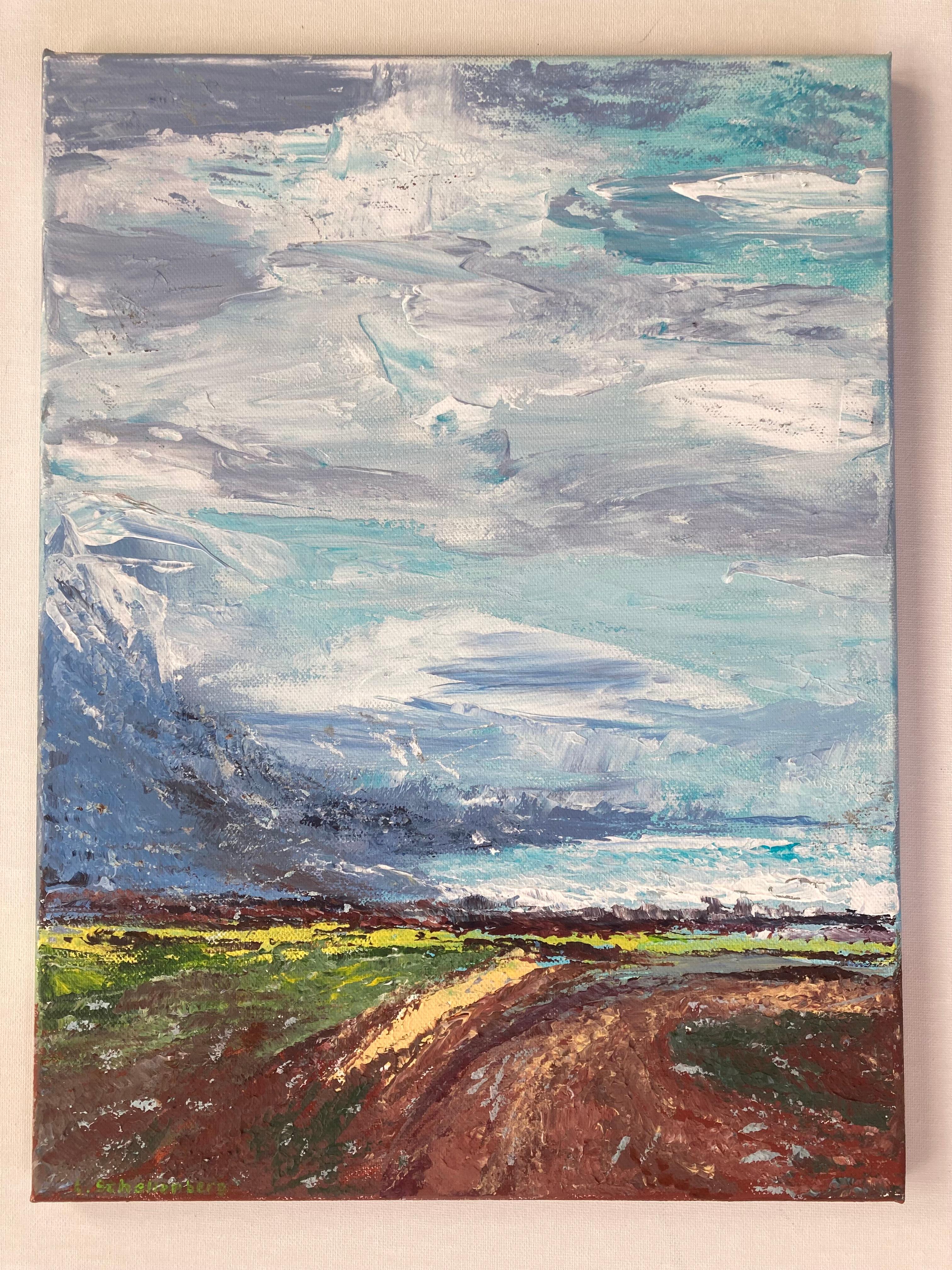 In questo dipinto impressionistico ad acrilico esploro la vastità del paesaggio e la potenza del cielo. Uso pennellate ampie e dinamiche per catturare l'atmosfera in movimento e il verde vibrante del paese. Quest'opera d'arte parla di libertà e