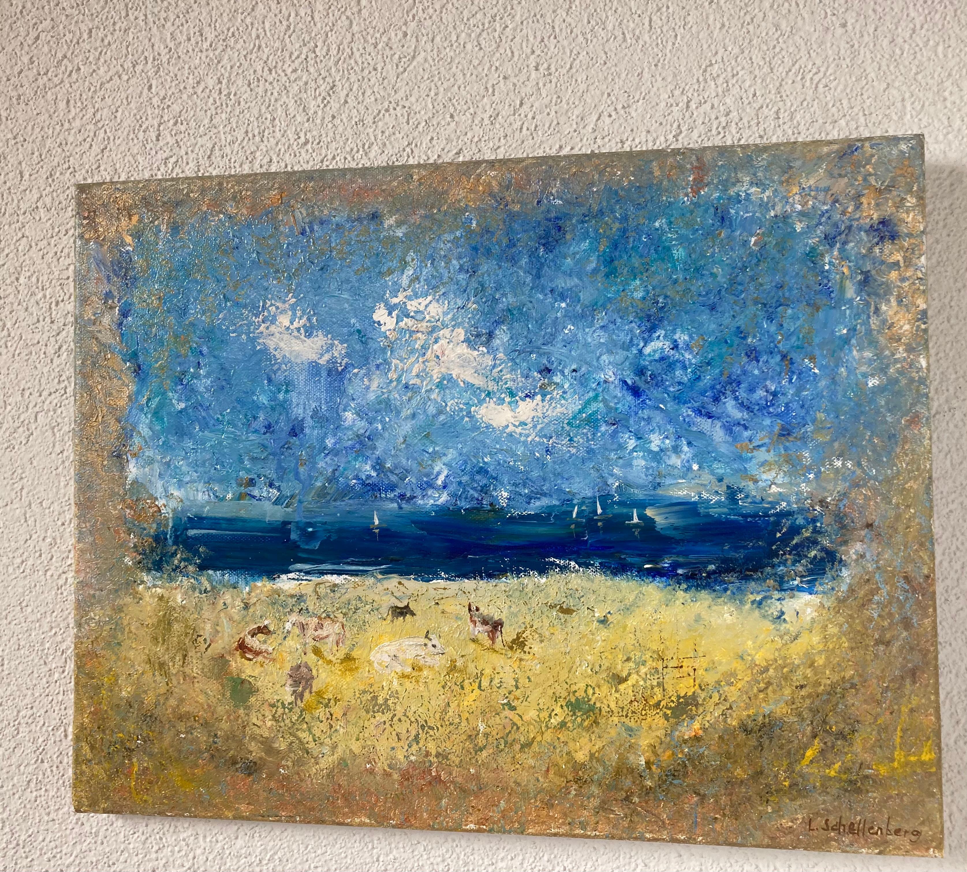 Esta obra de arte está realizada con la técnica especial del autor en óleo sobre lienzo.
Verano, calor de mediodía, el frescor del viento viene del mar. Yates a lo lejos. Las vacas descansan cerca del mar. Todo está impregnado por el sol zumbante.