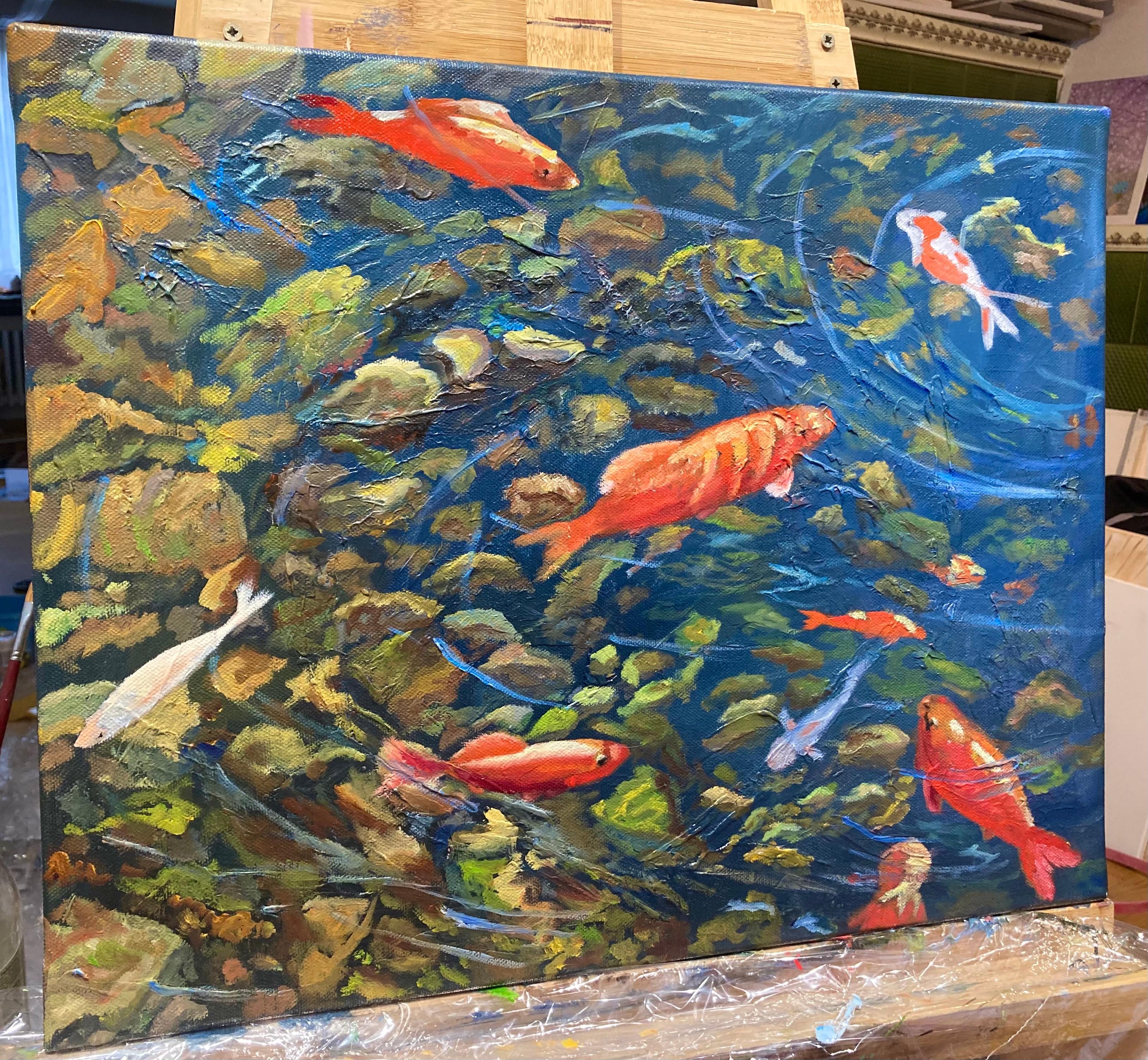 Red fish. Original painting - Gray Landscape Painting by Lusie Schellenberg