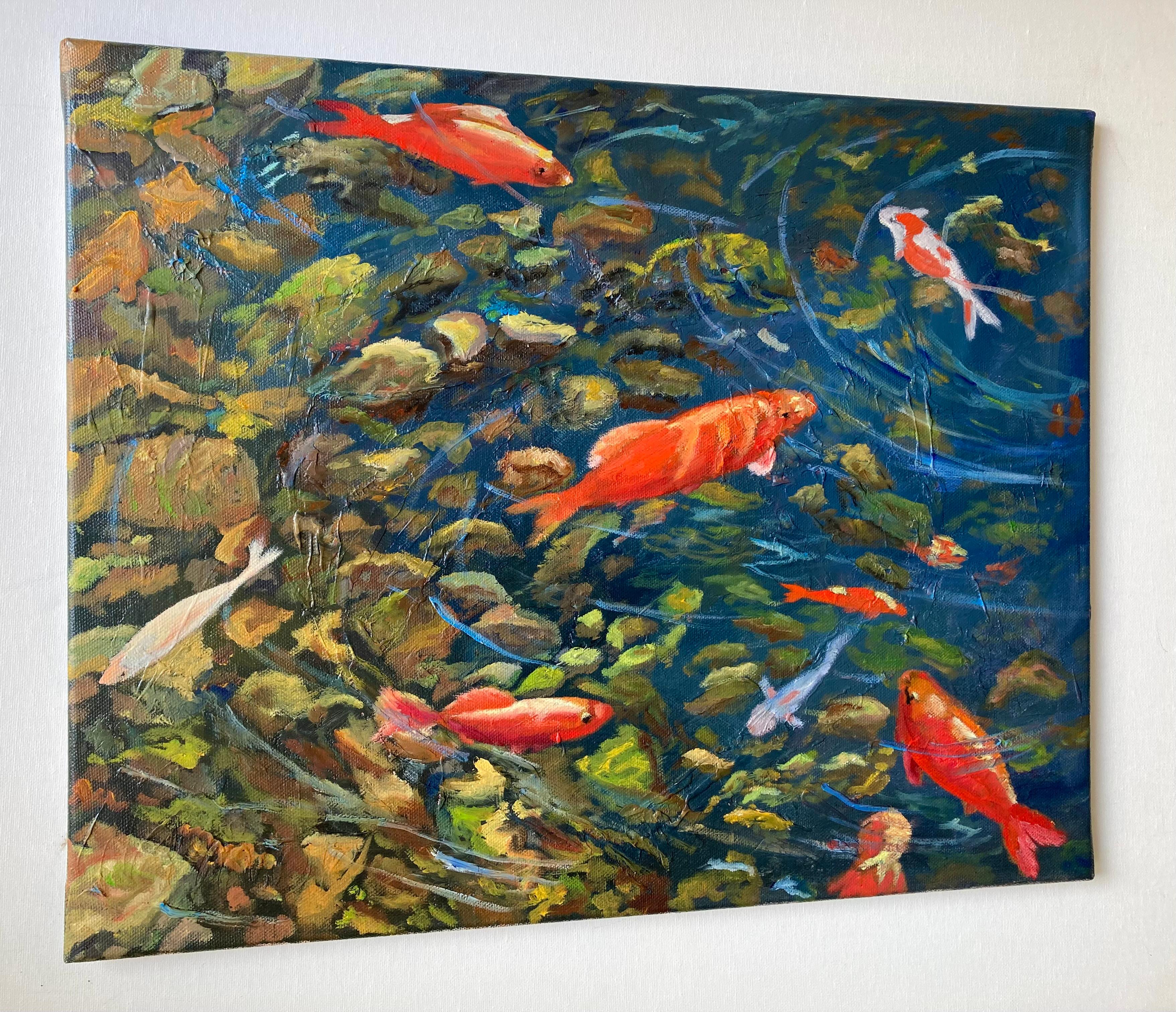 In my oil painting, I walk a glowing red fish through slightly wavy water to convey a sense of movement and cheerfulness. Inspired by impressionism and realism, the brushstrokes reflect both the subtleties of the natural environment and fleeting