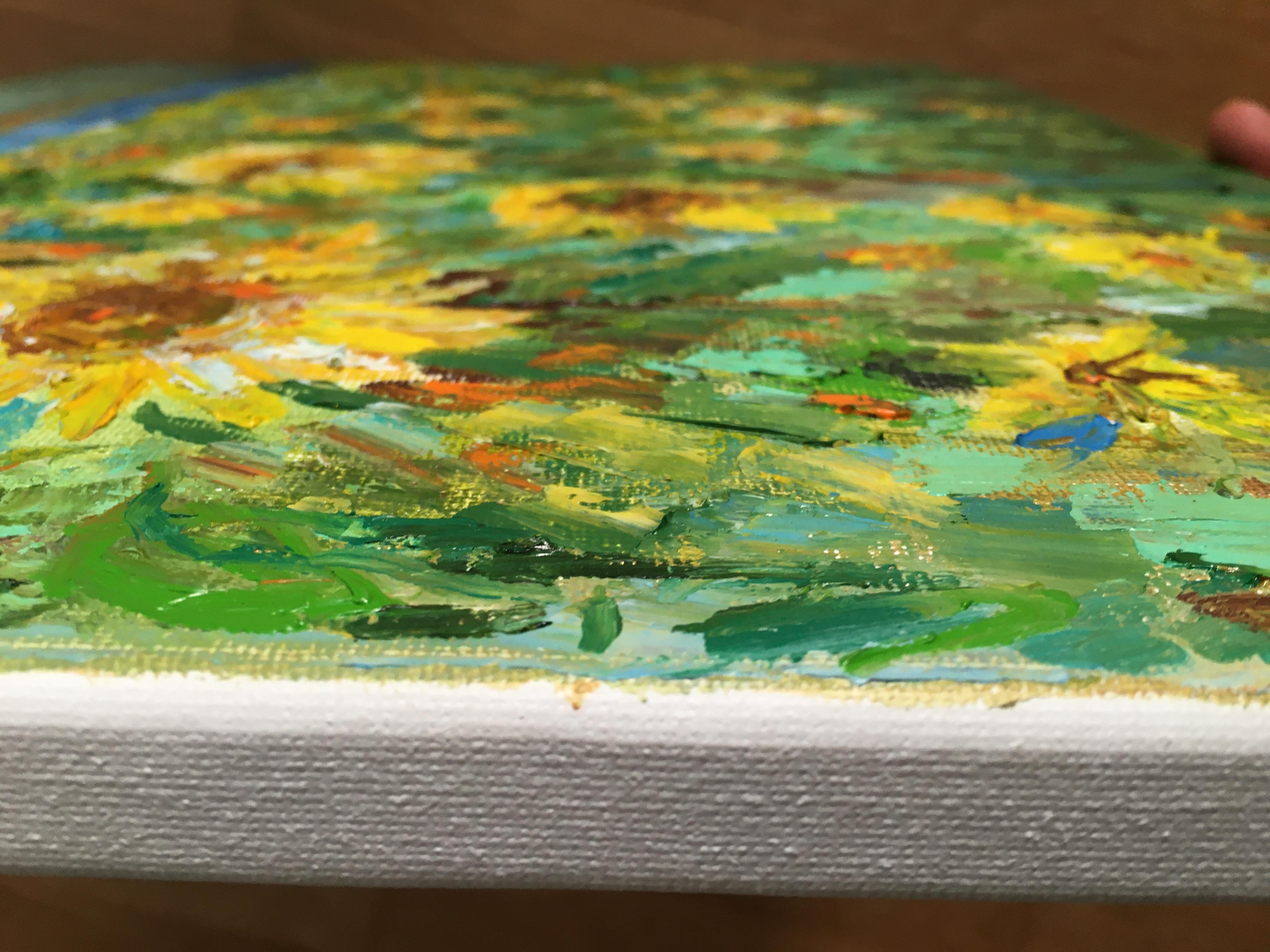 Nel mio dipinto, realizzato a olio, catturo un mare di girasoli sotto un cielo vivo. Quest'opera, caratterizzata dall'impressionismo, riflette la gioia e lo splendore della Nature. Le pennellate dinamiche e potenti trasmettono una profondità