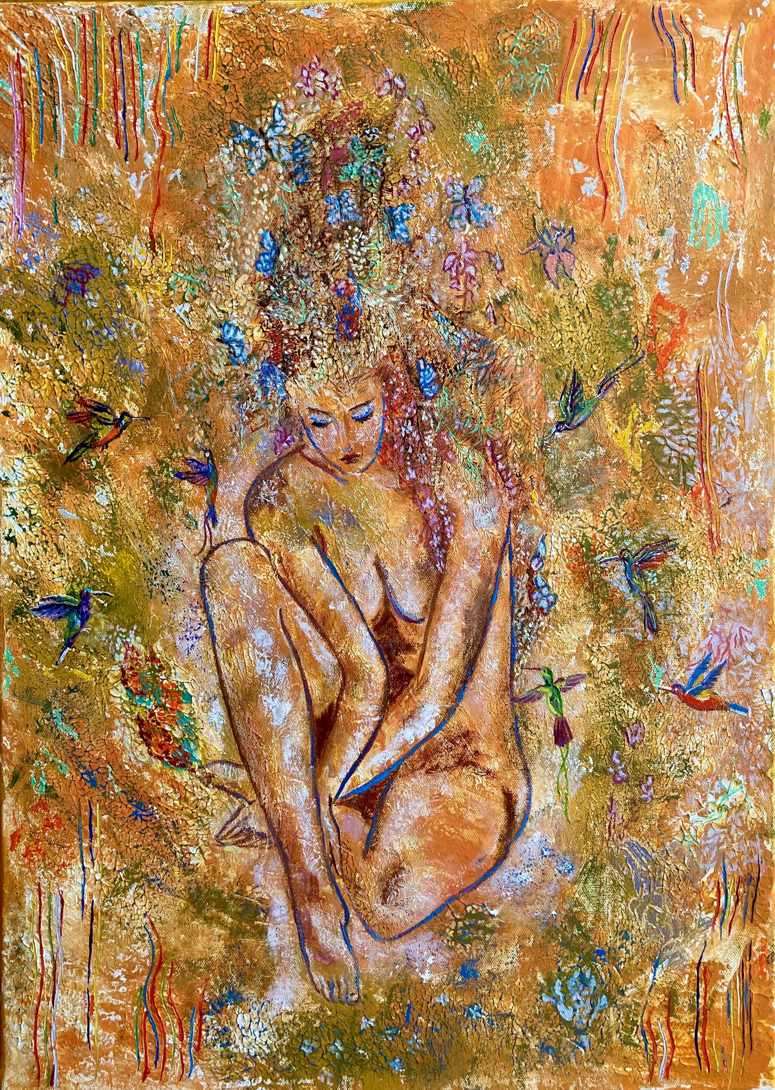 In my work, I caught the vividness of spring, with a touch of impressionism and semi-abstract elements. Oil and plaster create a rich textured surface that enlivens figures and celebrates the beauty of nature and human form. It is a work of art