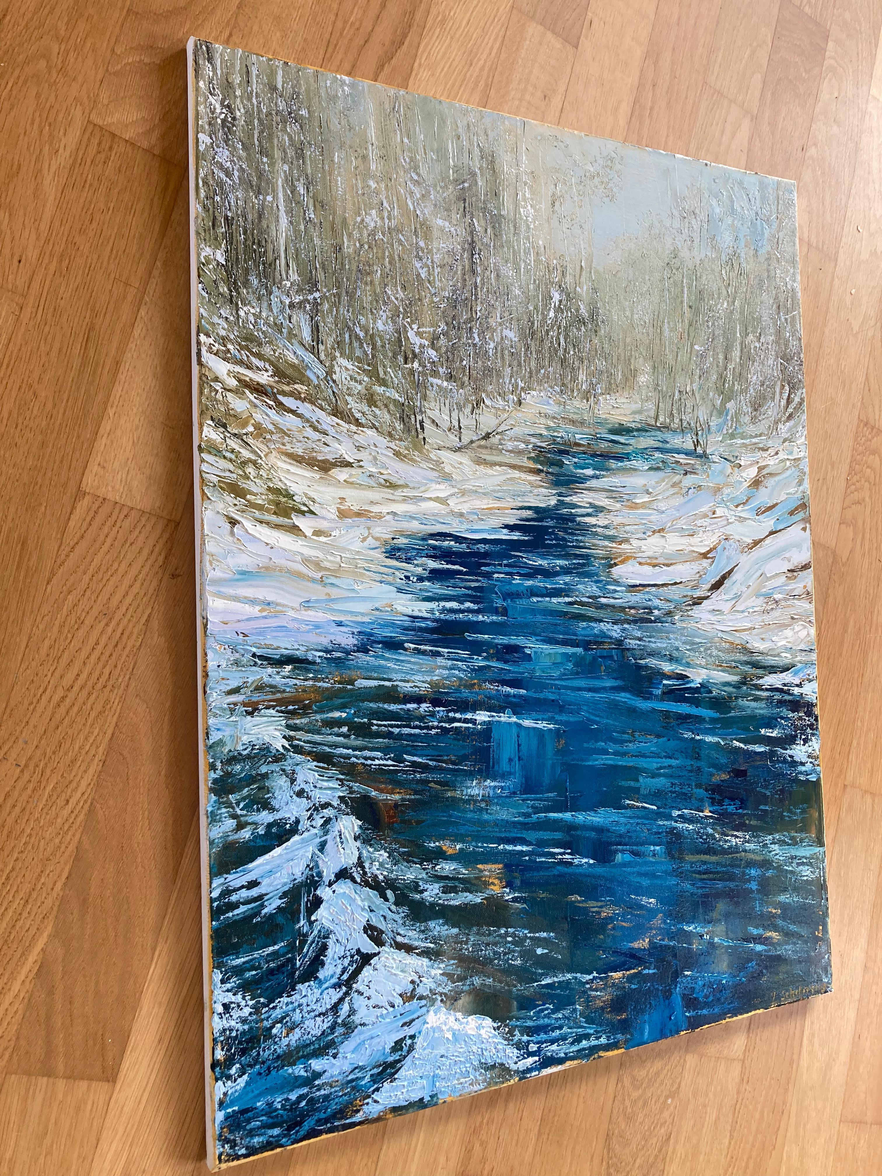In meiner Arbeit habe ich die raue Schönheit des Winters eingefangen. Mit Ölfarben schuf ich eine Szene, die das Wesen des ersten Wintertages widerspiegelt und Impressionismus mit Realismus verbindet. Die kräftigen Blau- und Weißtöne schaffen eine