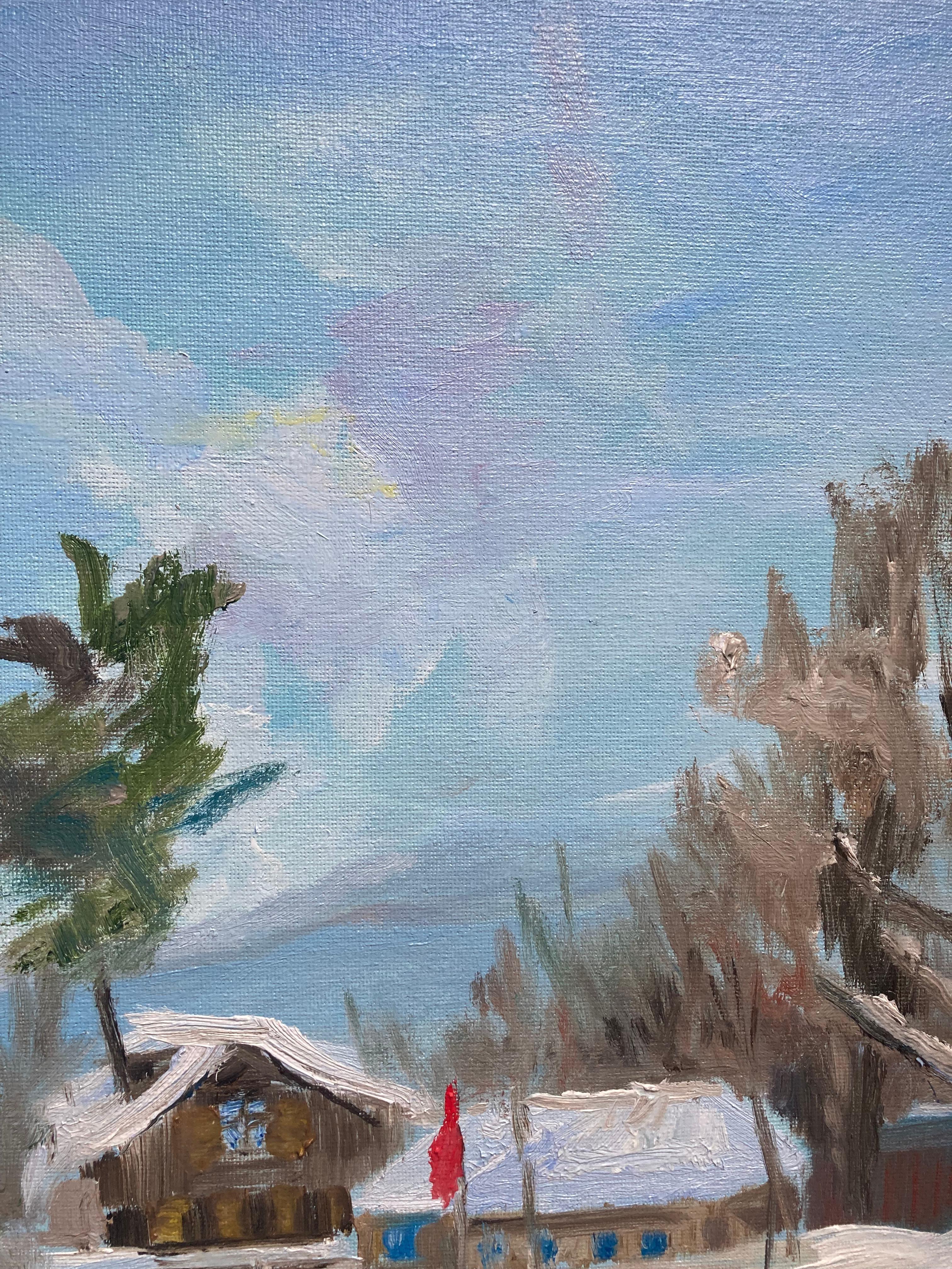 La fraîcheur givrée . Peinture originale - Gris Landscape Painting par Lusie Schellenberg