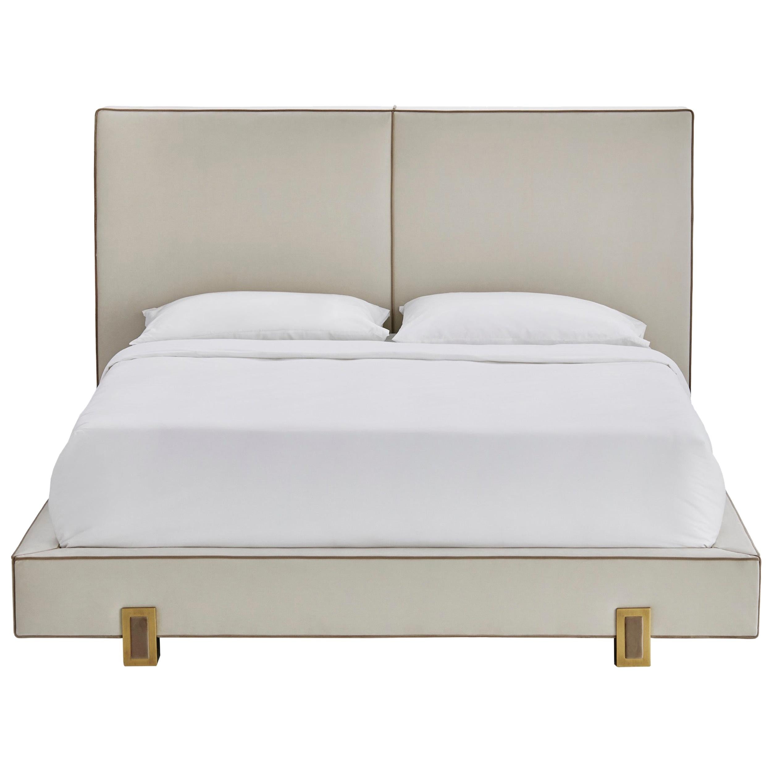 LUSO bed with upholstered headboard and base and Antique Brass color feet For Sale