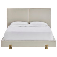 Luso Bed with Upholstered Headboard and Base and Antique Brass Lacquered Feet